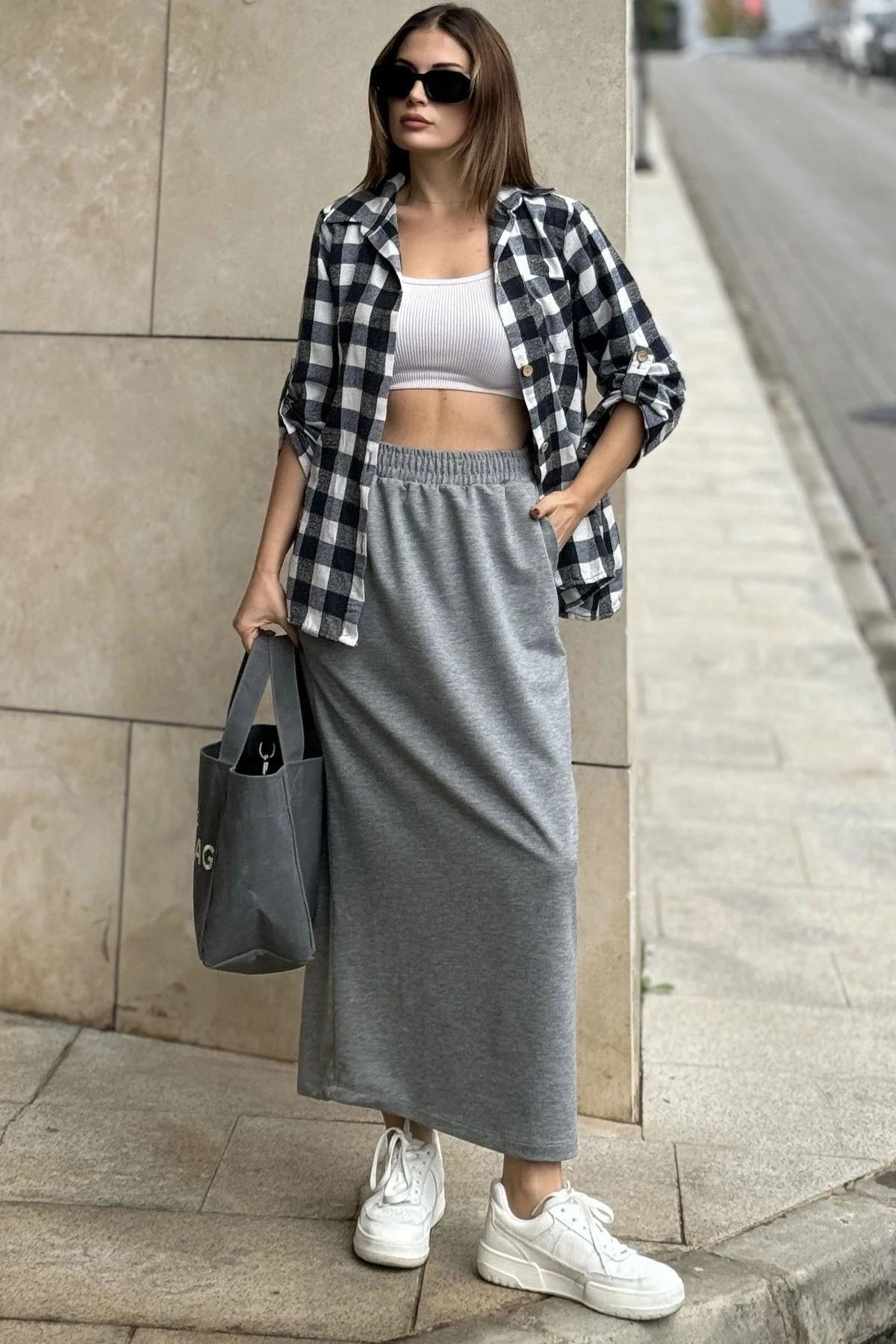 Kadın Gri Beli Lastikli, Rahat Kalıp, Cepli Uzun Etek
