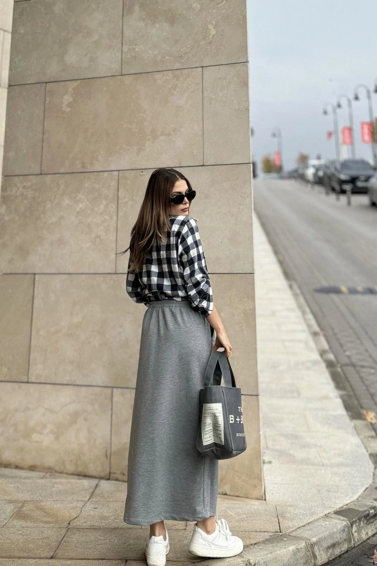 Kadın Gri Beli Lastikli, Rahat Kalıp, Cepli Uzun Etek