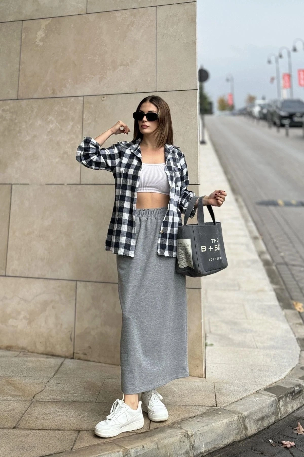 Kadın Gri Beli Lastikli, Rahat Kalıp, Cepli Uzun Etek