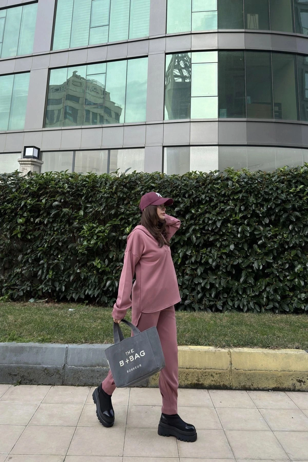 Kadın Gül Kurusu Scuba Kumaş, Salaş Kesim, Kapüşonlu Sweatshirt Bluz