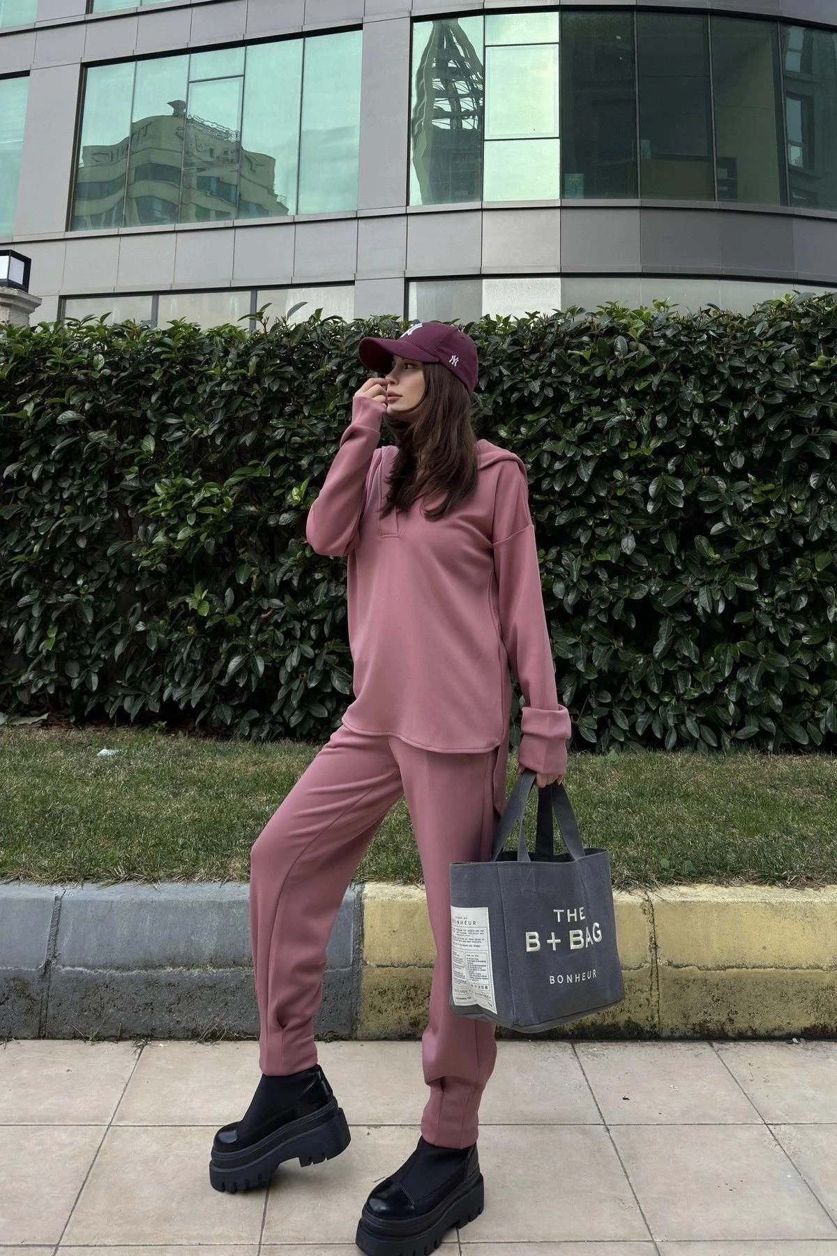 Kadın Gül Kurusu Scuba Kumaş, Salaş Kesim, Kapüşonlu Sweatshirt Bluz