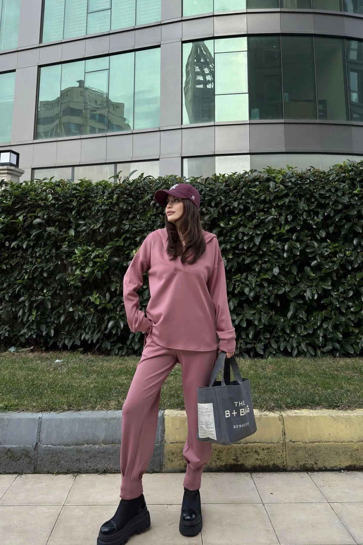 Kadın Gül Kurusu Scuba Kumaş, Salaş Kesim, Kapüşonlu Sweatshirt Bluz