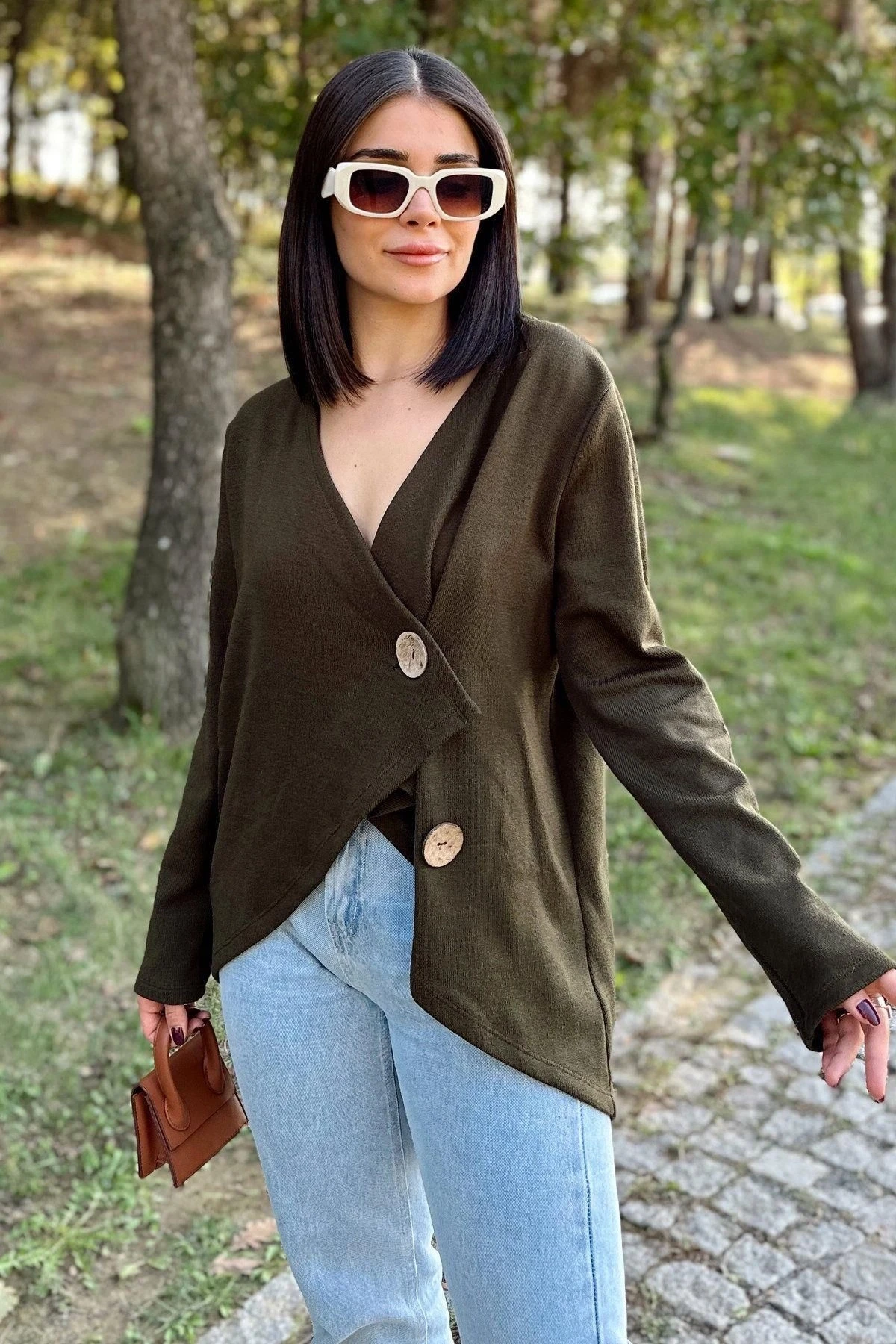 Kadın Haki Asimetrik Kesim, Düğmeli, Salaş Hırka Bluz