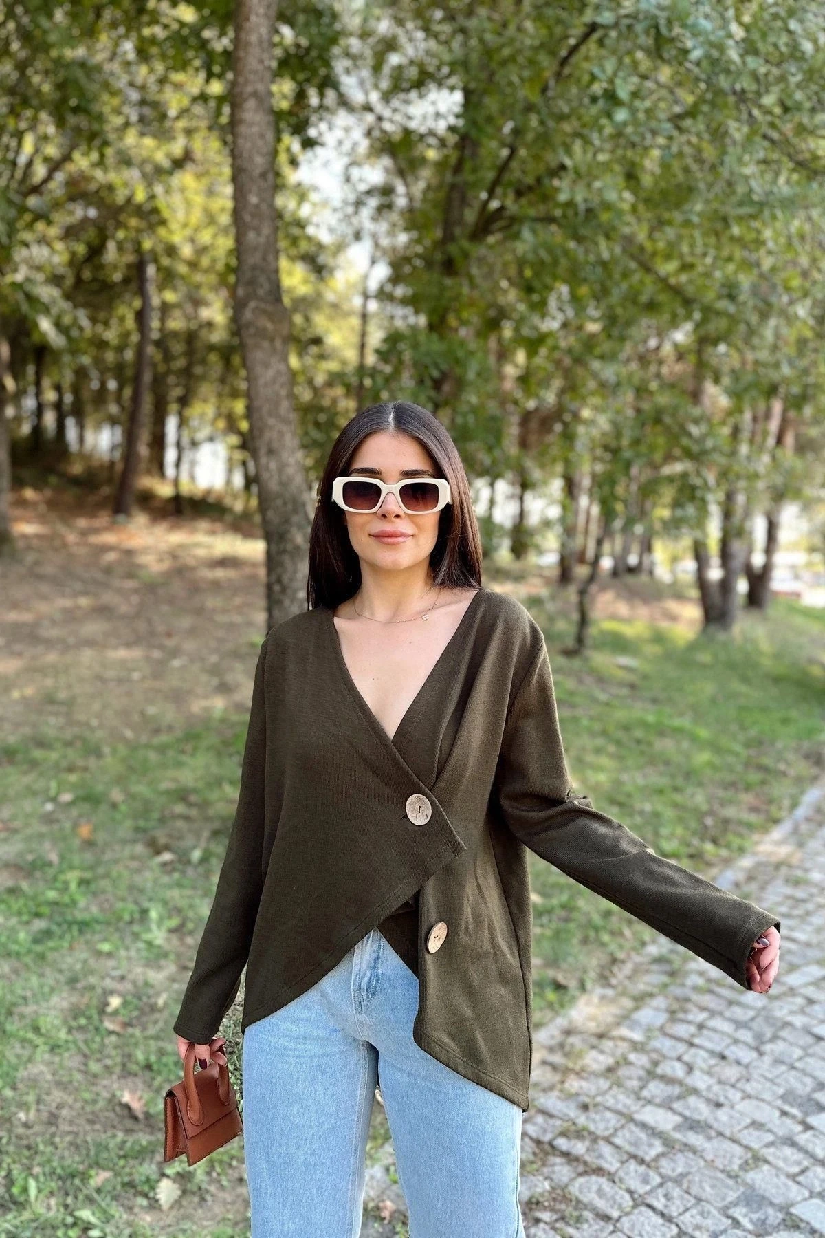 Kadın Haki Asimetrik Kesim, Düğmeli, Salaş Hırka Bluz