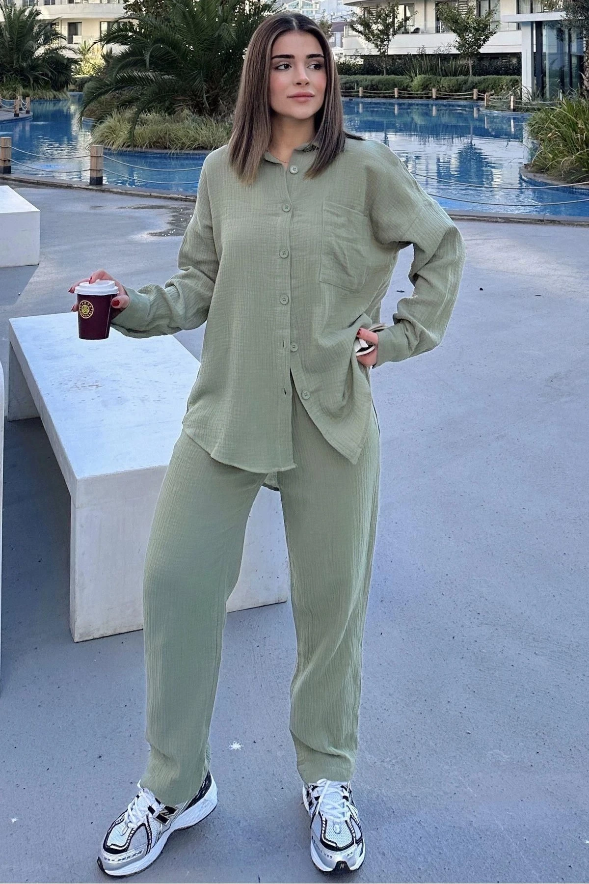 Kadın Haki Salaş Uzun Gömlek & Beli Lastikli Pantolon - Alt & Üst Müslin Kumaş Takım