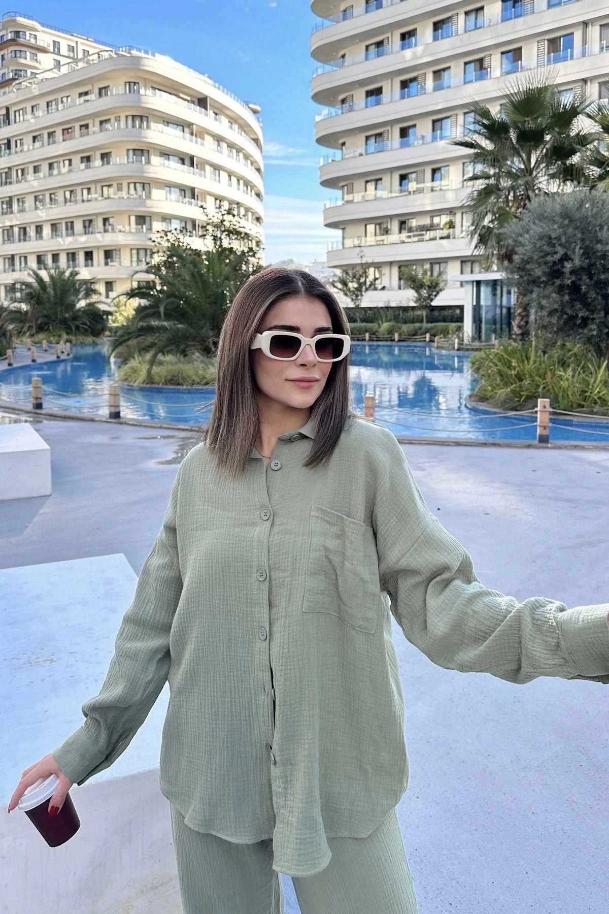 Kadın Haki Salaş Uzun Gömlek & Beli Lastikli Pantolon - Alt & Üst Müslin Kumaş Takım