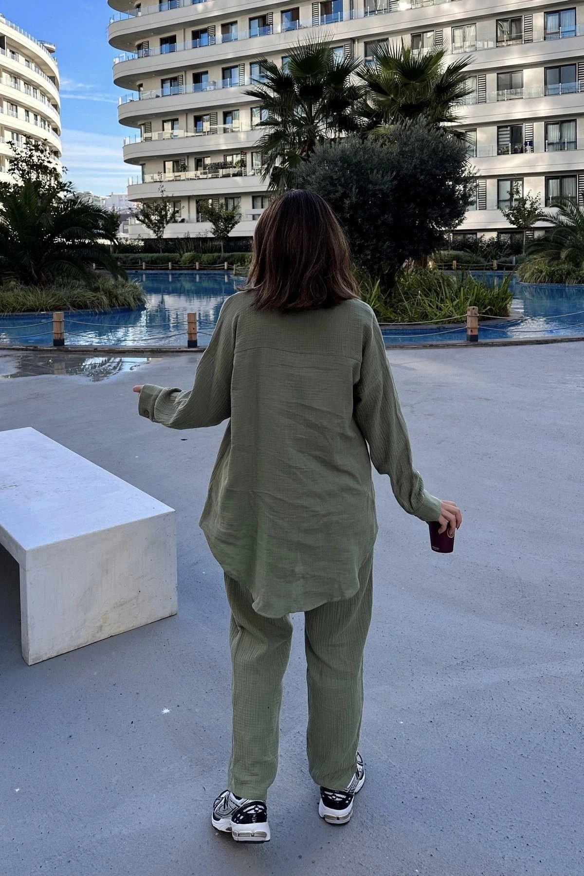 Kadın Haki Salaş Uzun Gömlek & Beli Lastikli Pantolon - Alt & Üst Müslin Kumaş Takım