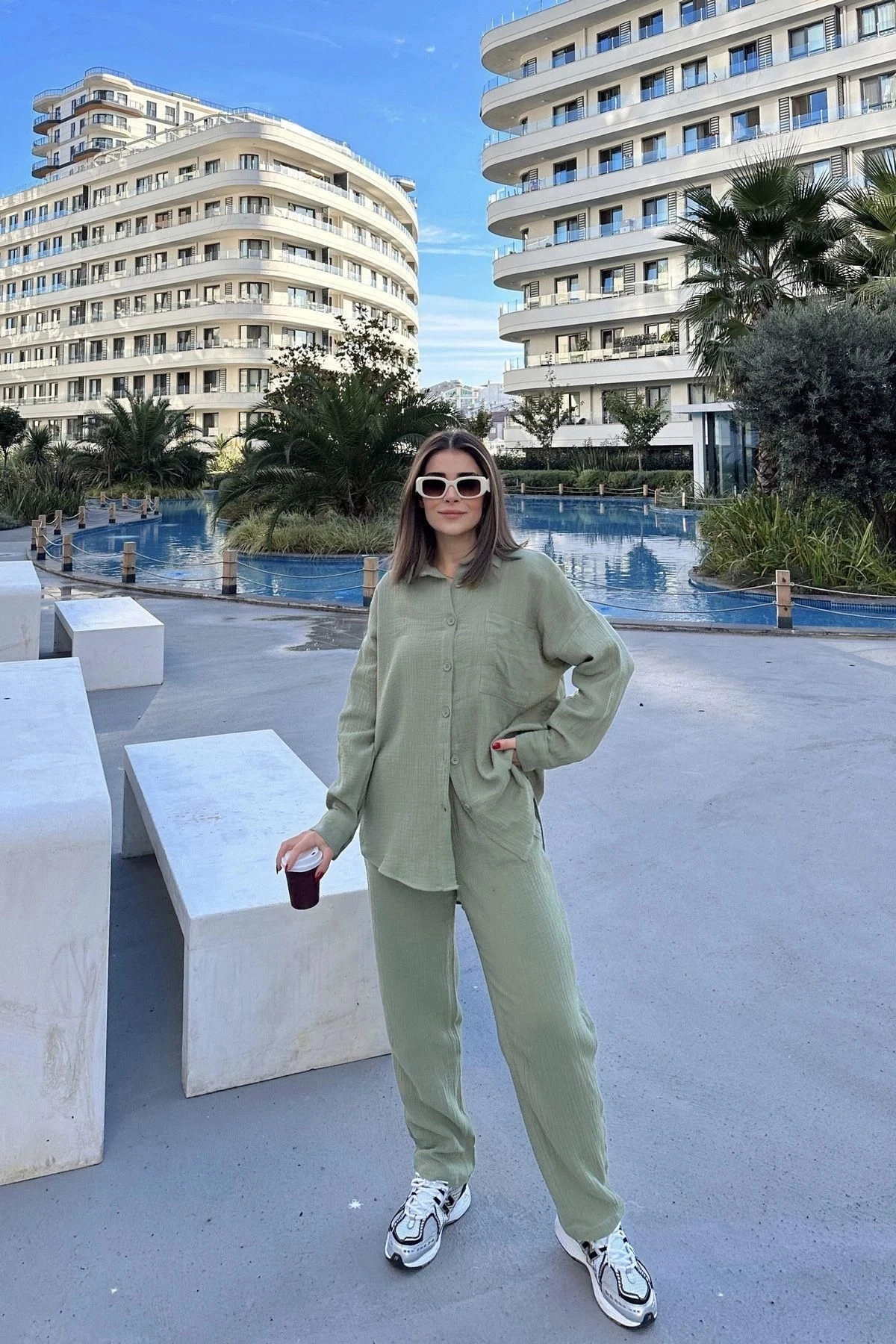 Kadın Haki Salaş Uzun Gömlek & Beli Lastikli Pantolon - Alt & Üst Müslin Kumaş Takım