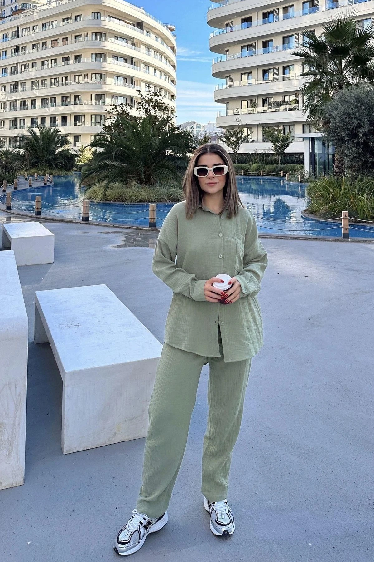 Kadın Haki Salaş Uzun Gömlek & Beli Lastikli Pantolon - Alt & Üst Müslin Kumaş Takım