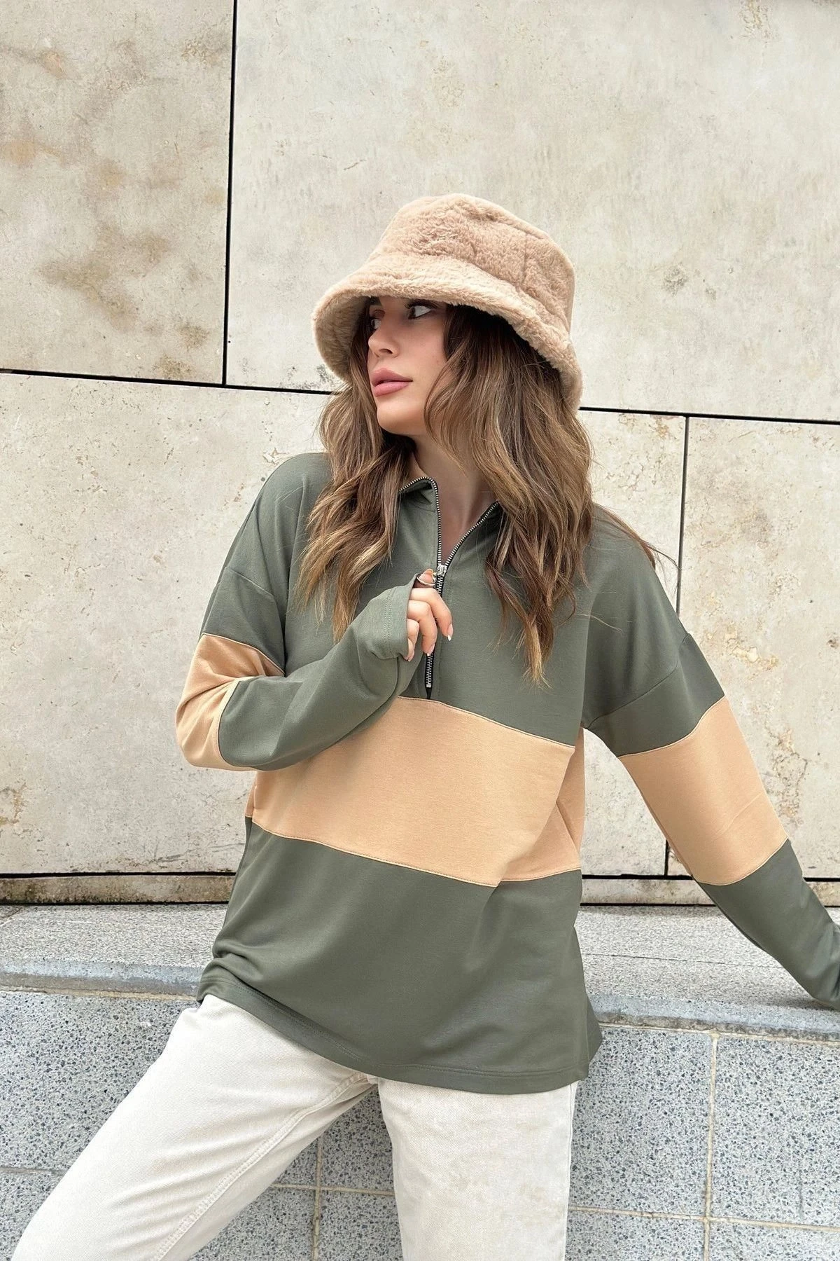 Kadın Haki Uzun Kol, Dik Yaka, Fermuarlı, Double Color Block Basic Sweatshirt Bluz