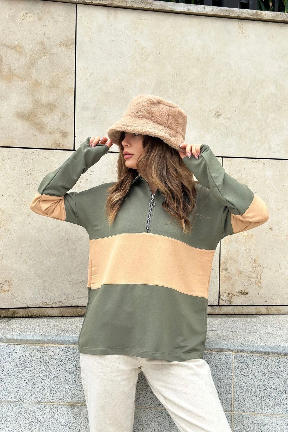 Kadın Haki Uzun Kol, Dik Yaka, Fermuarlı, Double Color Block Basic Sweatshirt Bluz