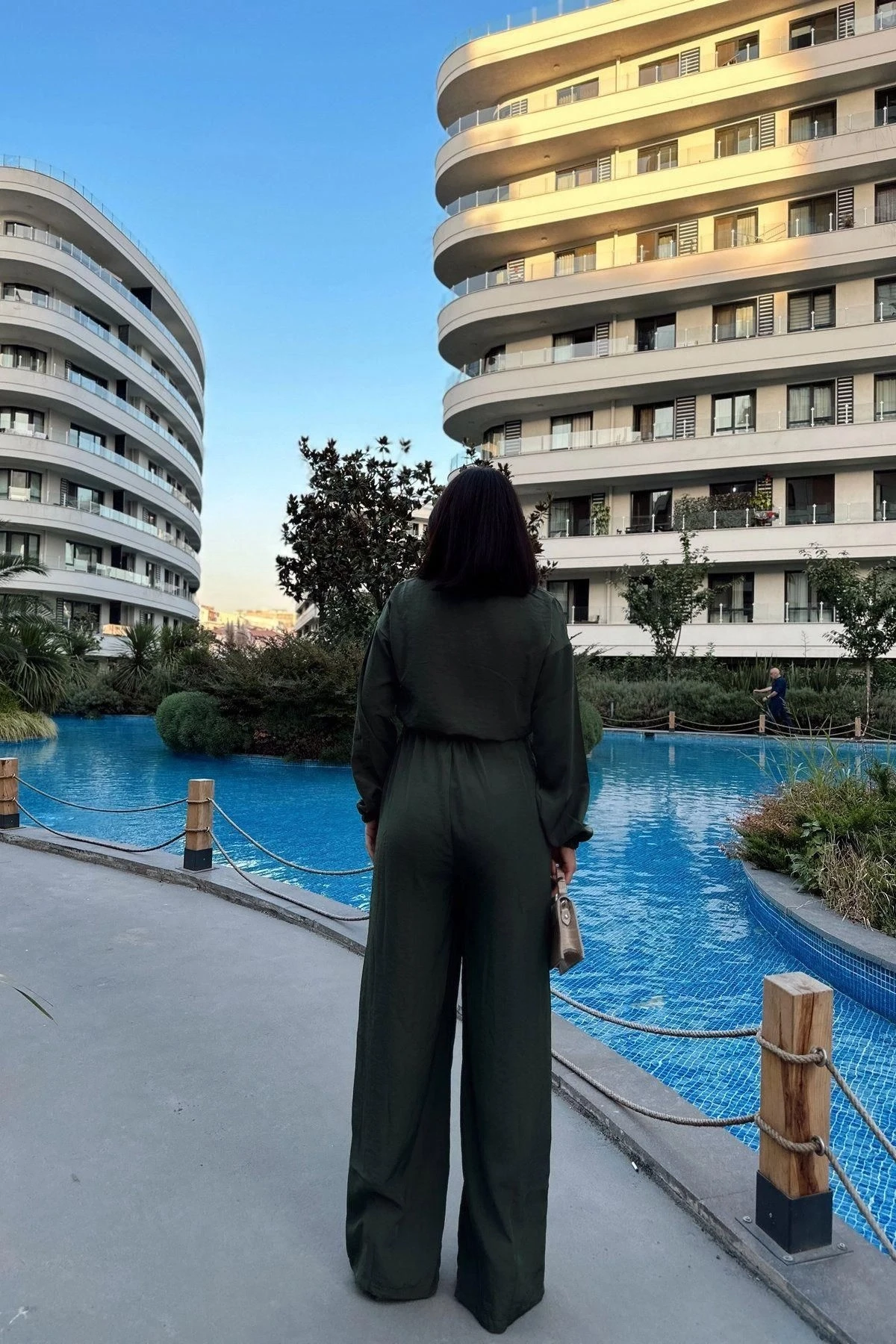 Kadın Haki Uzun Kol, Gömlek Yaka, Beli Lastikli, 4 Cepli, Bilekleri Lastikli, Salaş Tulum