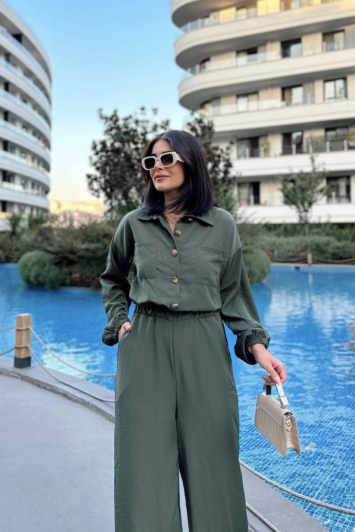 Kadın Haki Uzun Kol, Gömlek Yaka, Beli Lastikli, 4 Cepli, Bilekleri Lastikli, Salaş Tulum