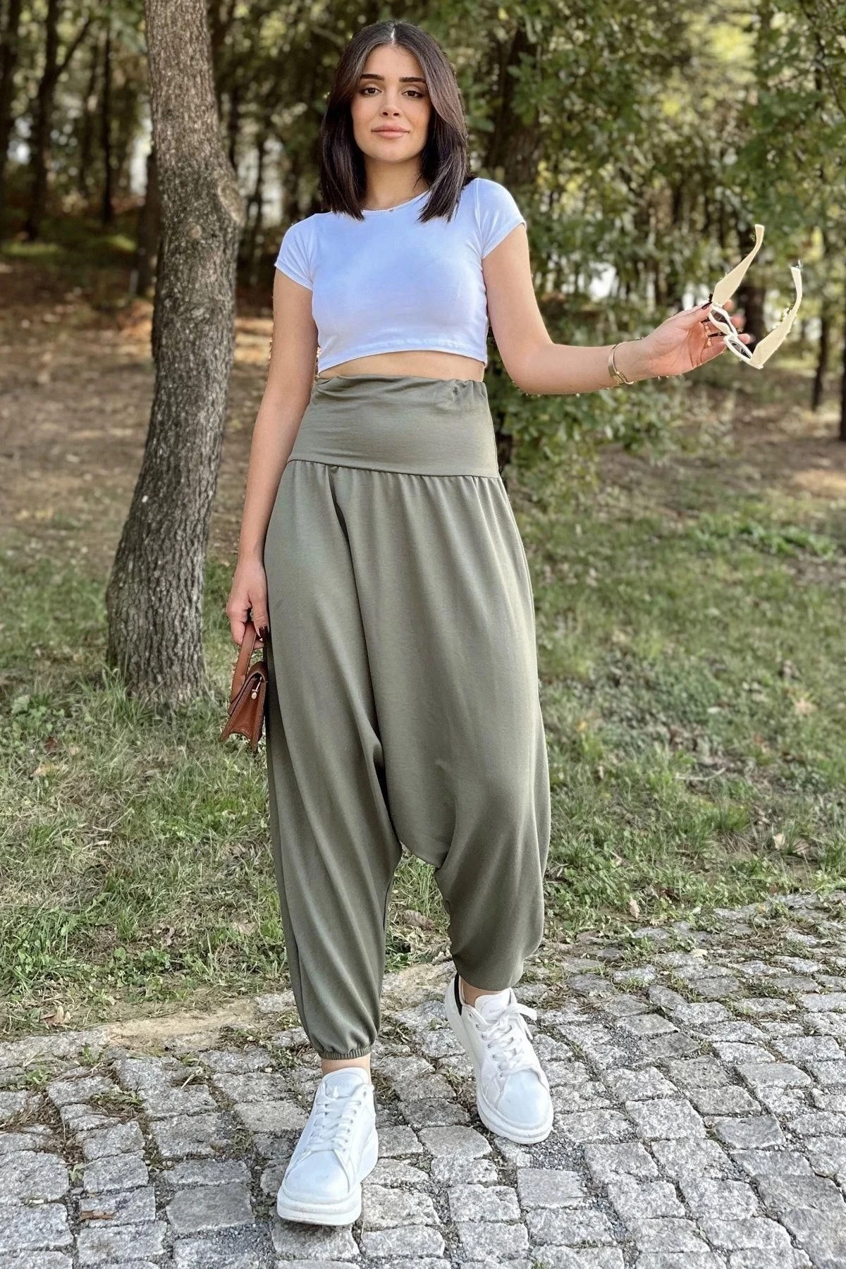 Kadın Haki Yüksek Bel, Paçası Lastikli, Salaş Örme Şalvar Pantolon