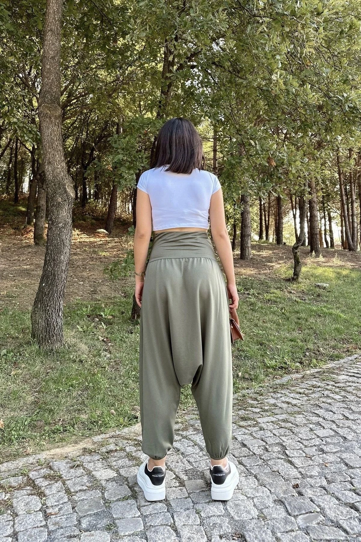 Kadın Haki Yüksek Bel, Paçası Lastikli, Salaş Örme Şalvar Pantolon