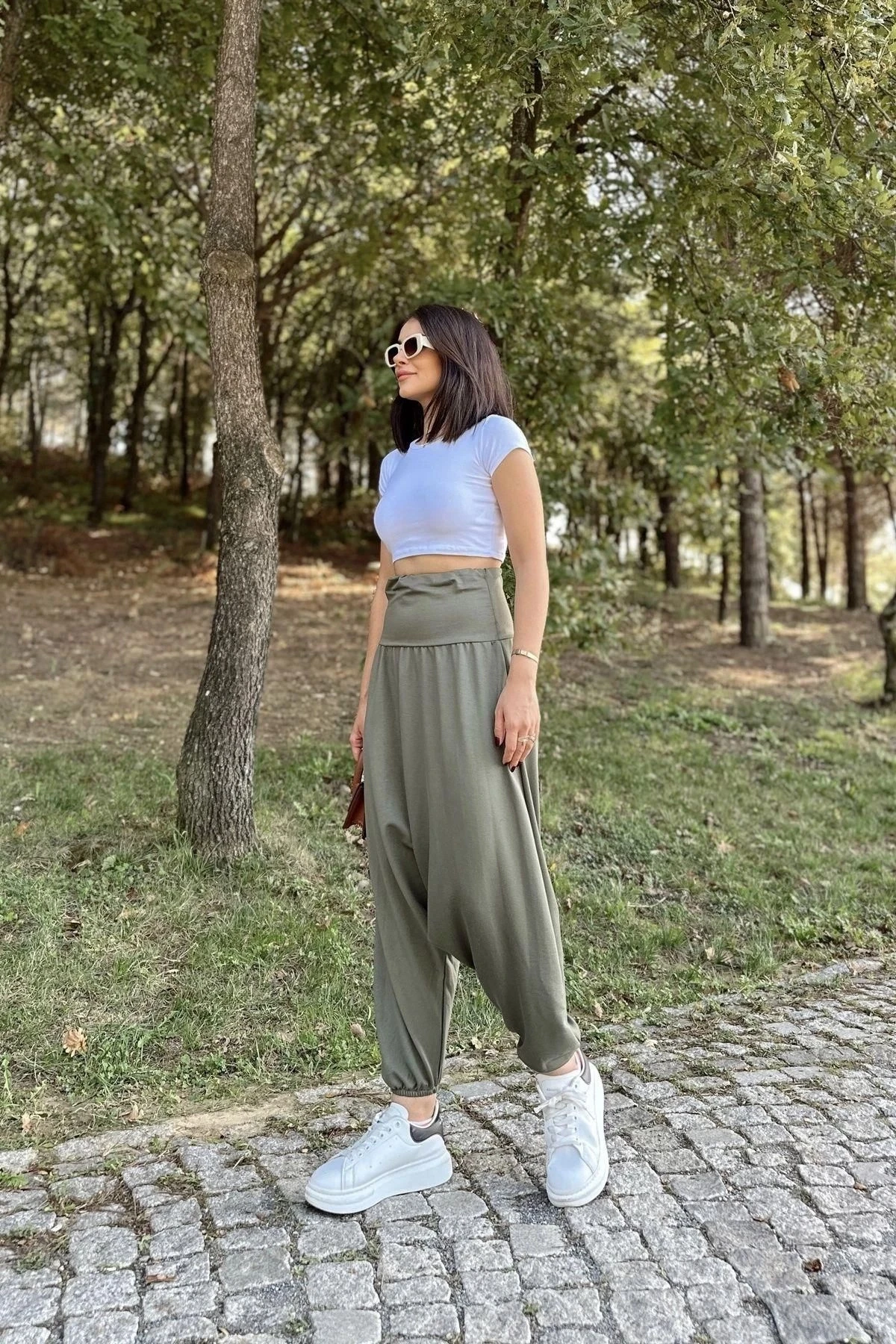 Kadın Haki Yüksek Bel, Paçası Lastikli, Salaş Örme Şalvar Pantolon