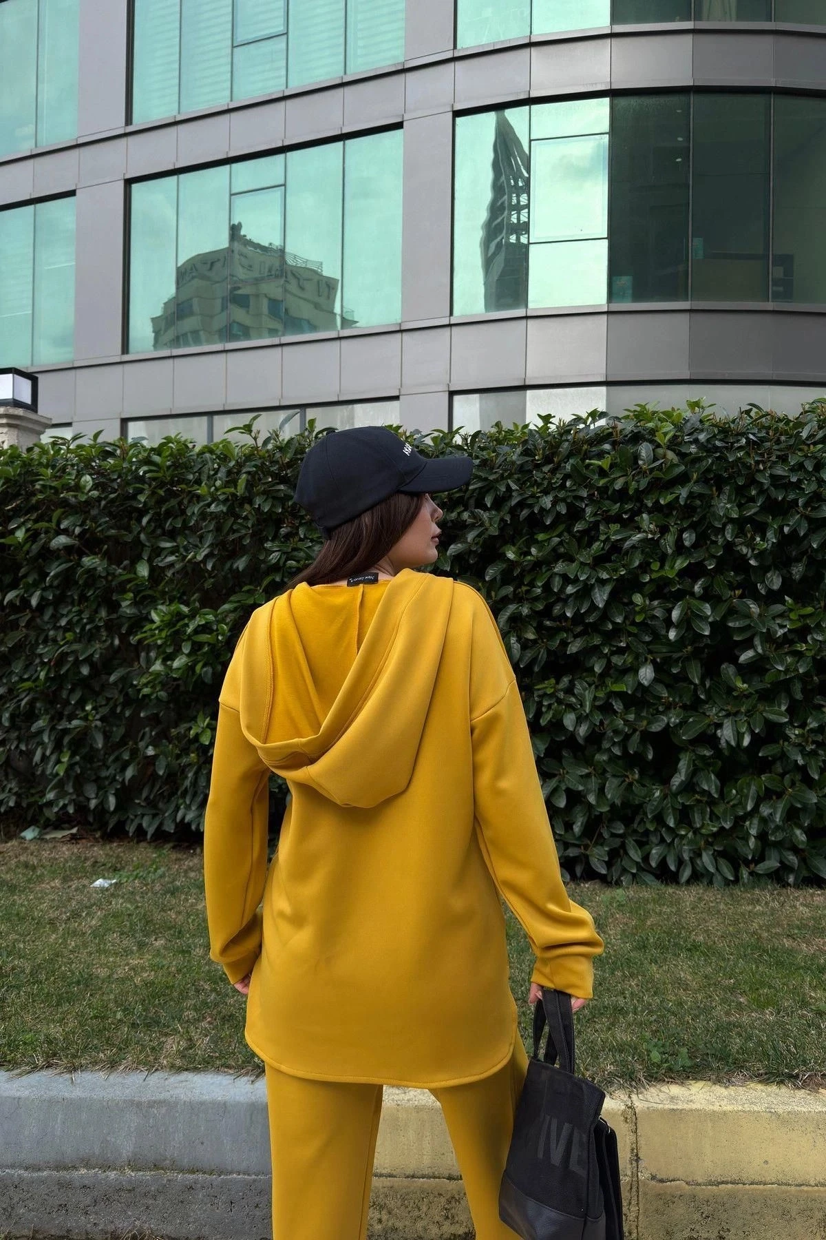 Kadın Hardal Scuba Kumaş, Salaş Kesim, Kapüşonlu Sweatshirt Bluz