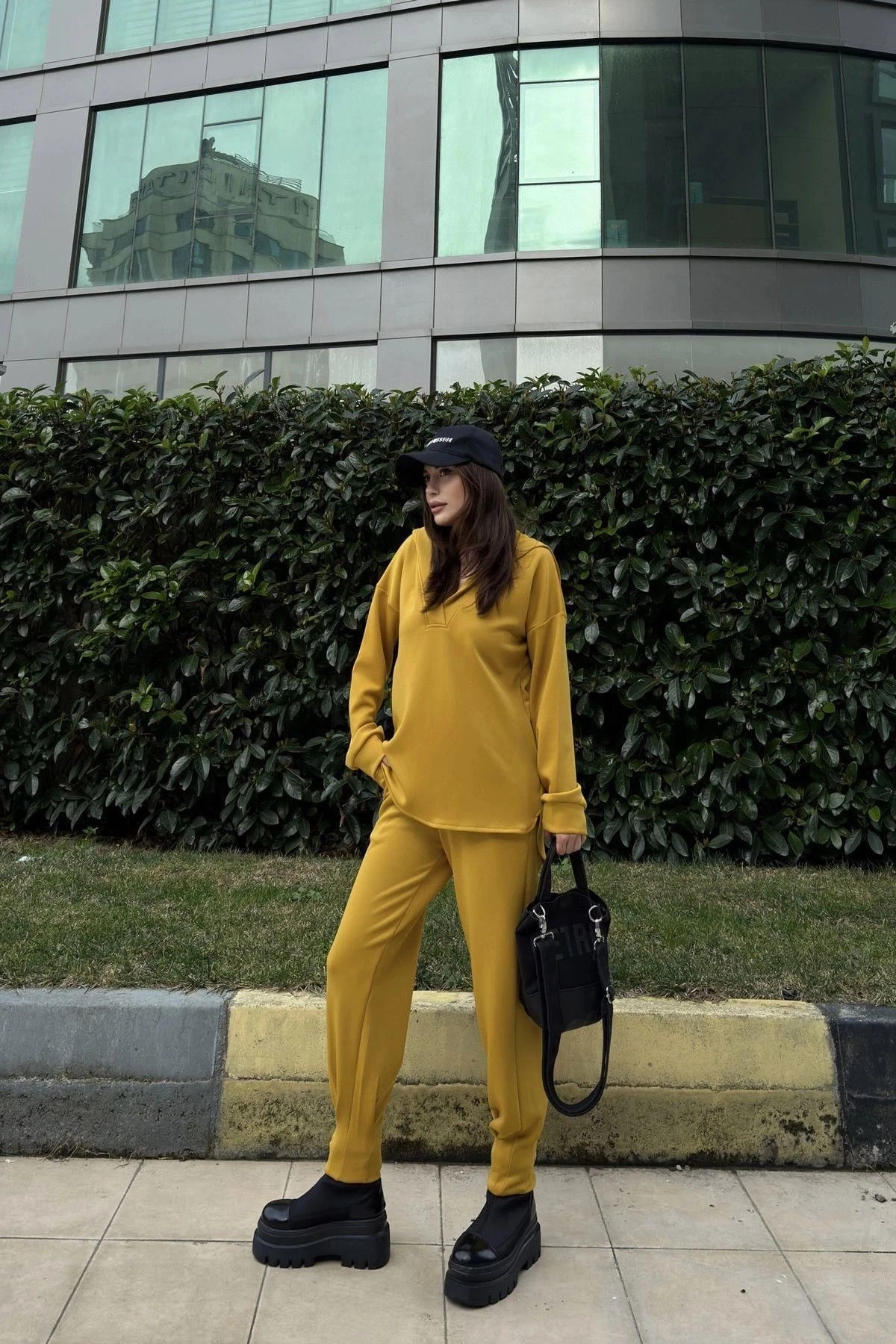 Kadın Hardal Scuba Kumaş, Salaş Kesim, Kapüşonlu Sweatshirt Bluz