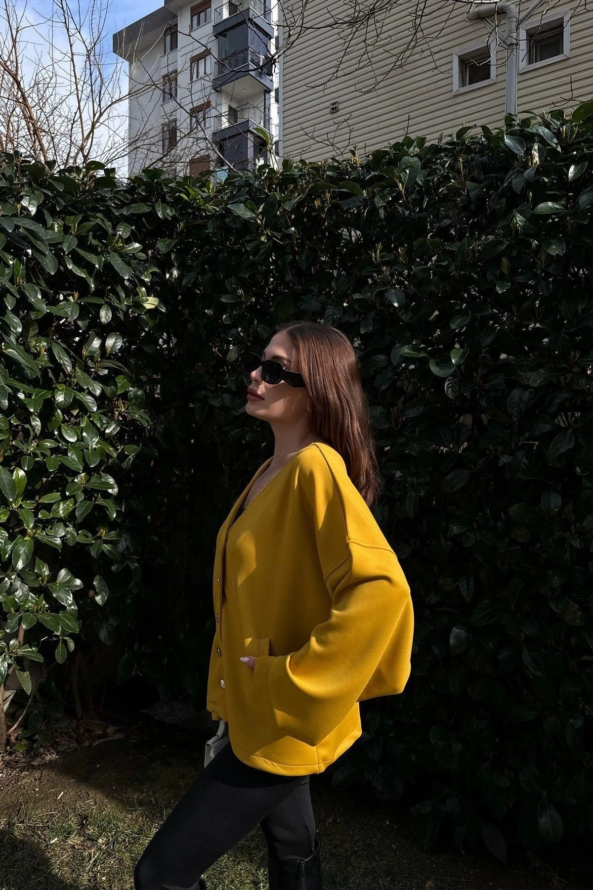 Kadın Hardal Scuba Kumaş, Silver Dügme Detaylı, Salaş Ceket Bluz