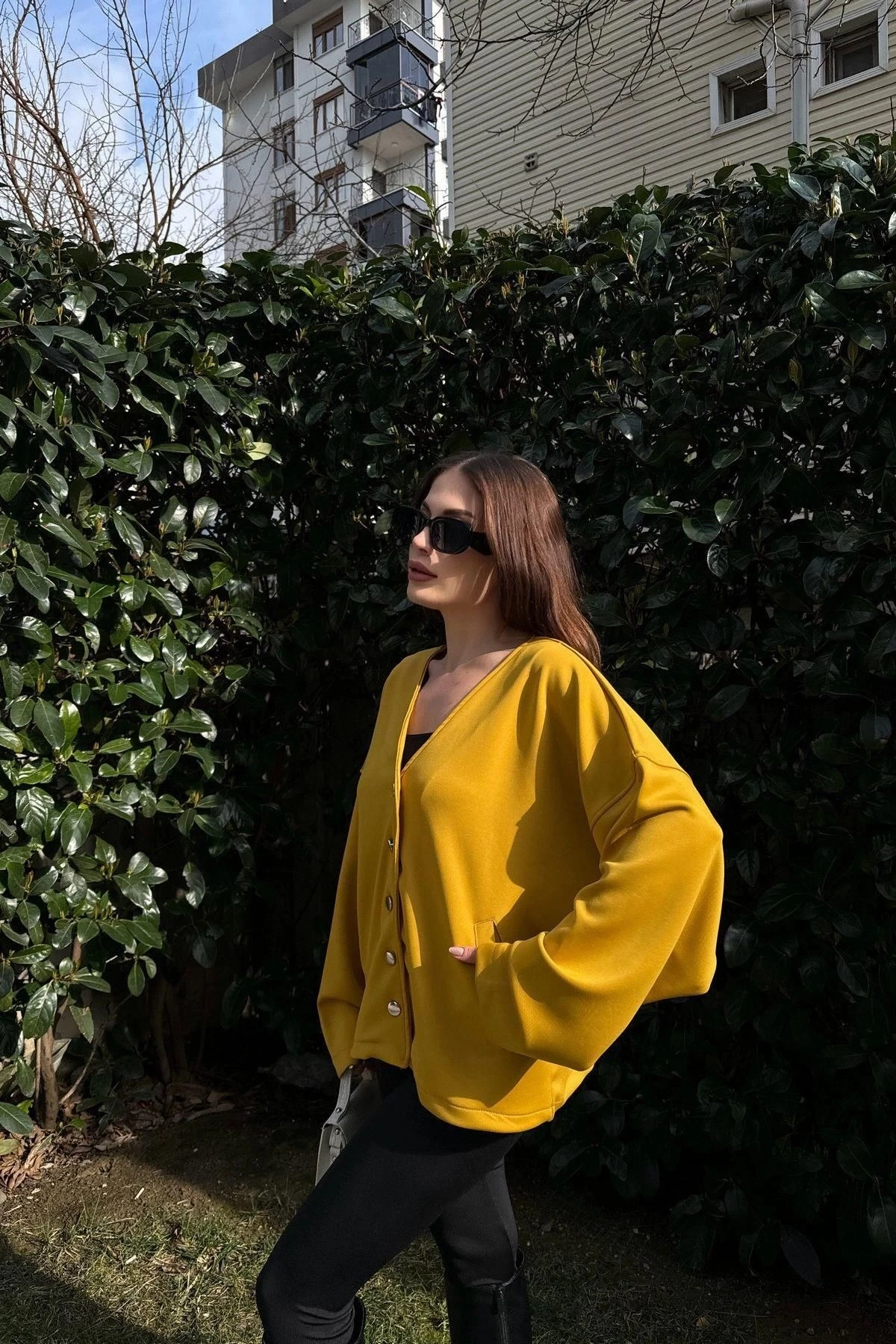 Kadın Hardal Scuba Kumaş, Silver Dügme Detaylı, Salaş Ceket Bluz