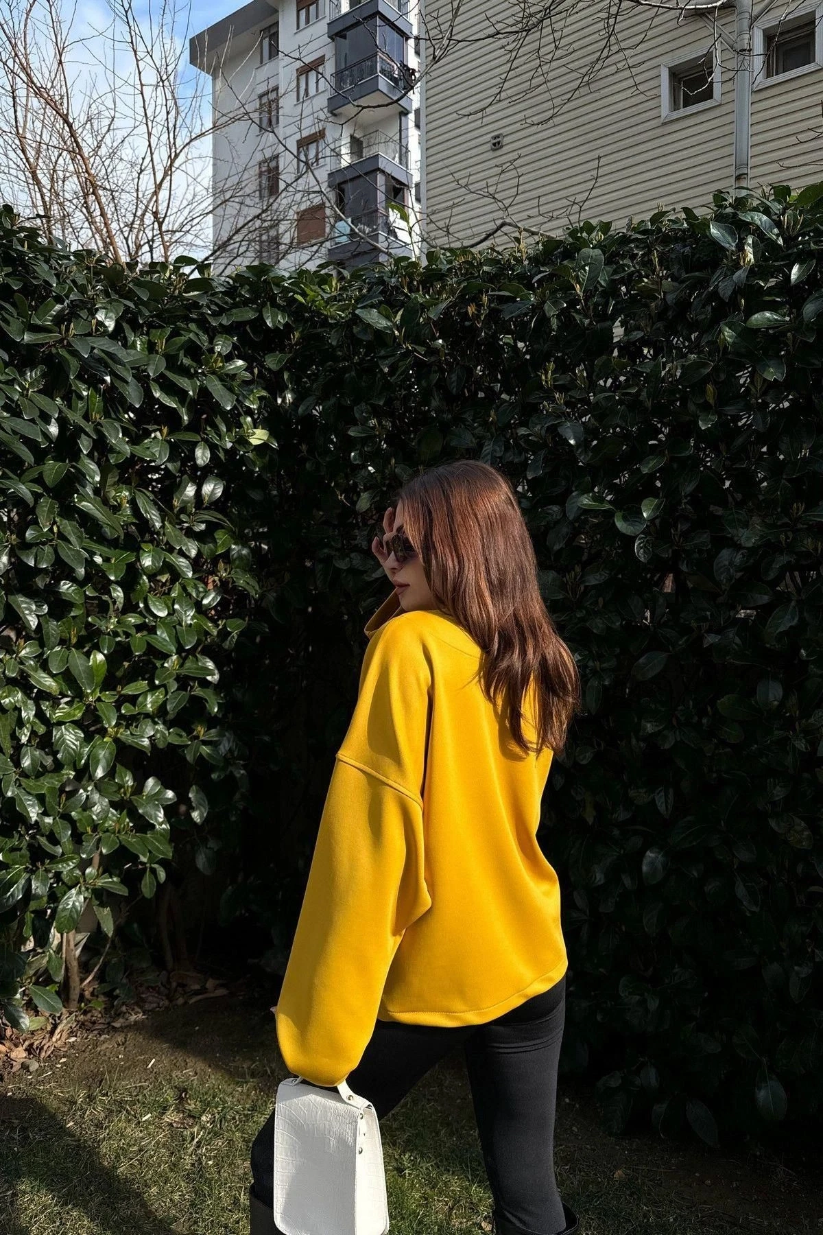 Kadın Hardal Scuba Kumaş, Silver Dügme Detaylı, Salaş Ceket Bluz