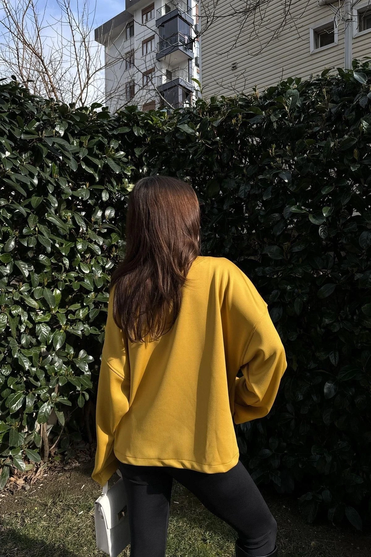 Kadın Hardal Scuba Kumaş, Silver Dügme Detaylı, Salaş Ceket Bluz