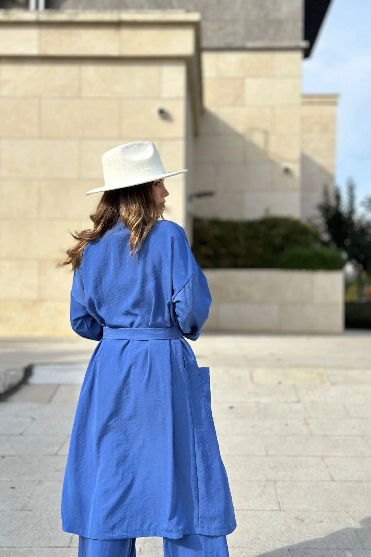 Kadın İndigo Çift Cepli Uzun Kimono & Bol Paça Pantolon - Salaş Alt & Üst Takım