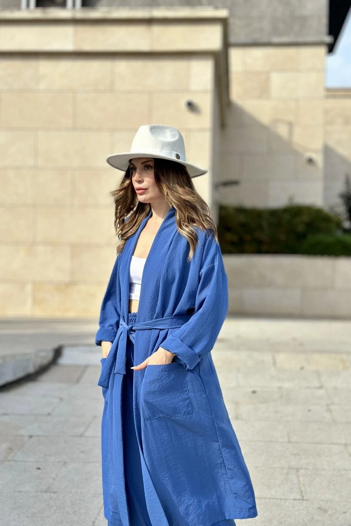 Kadın İndigo Çift Cepli Uzun Kimono & Bol Paça Pantolon - Salaş Alt & Üst Takım