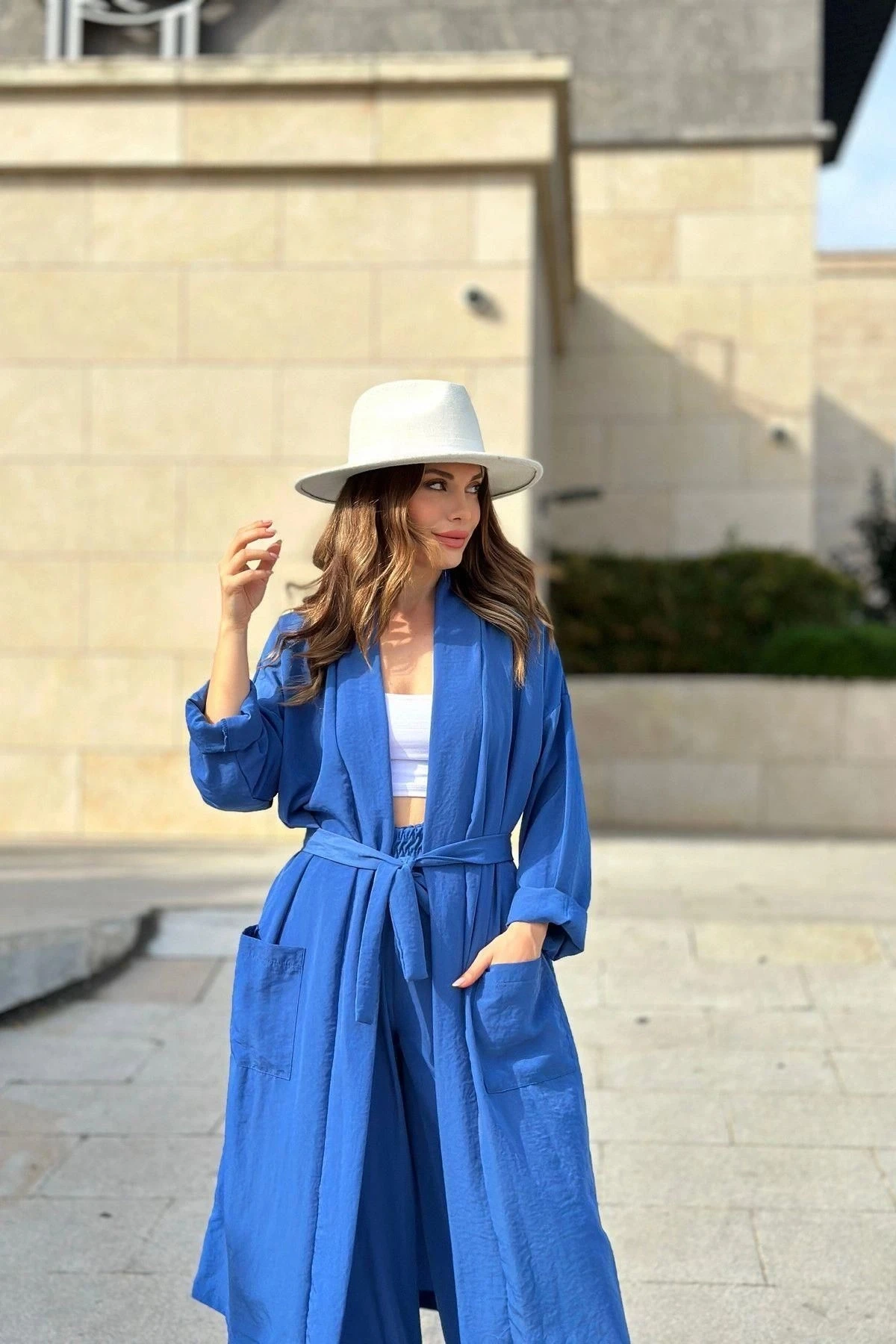 Kadın İndigo Çift Cepli Uzun Kimono & Bol Paça Pantolon - Salaş Alt & Üst Takım