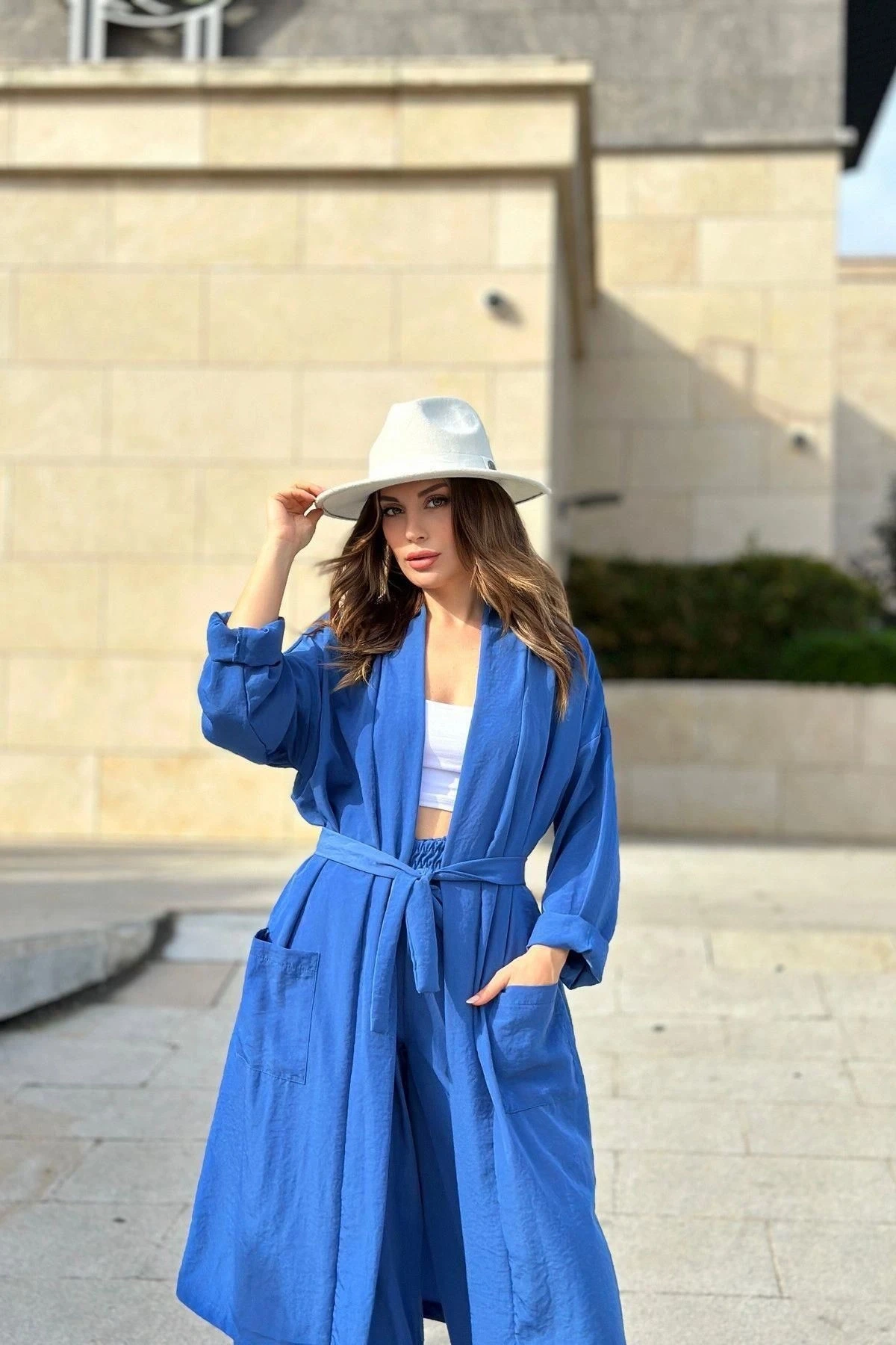 Kadın İndigo Çift Cepli Uzun Kimono & Bol Paça Pantolon - Salaş Alt & Üst Takım