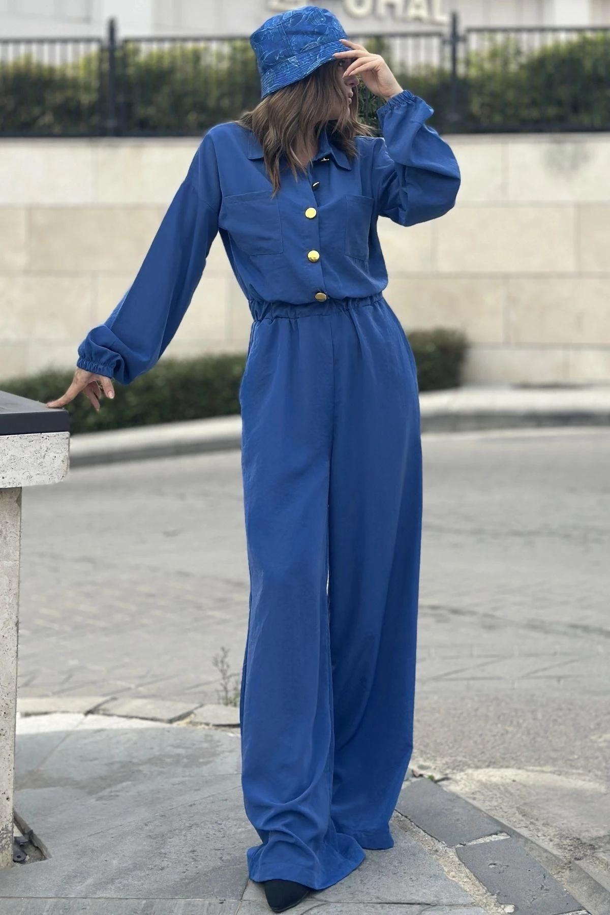 Kadın İndigo Uzun Kol, Gömlek Yaka, Beli Lastikli, 4 Cepli, Bilekleri Lastikli, Salaş Tulum