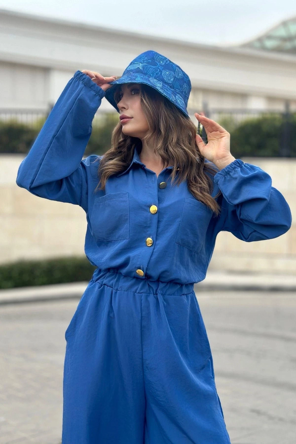 Kadın İndigo Uzun Kol, Gömlek Yaka, Beli Lastikli, 4 Cepli, Bilekleri Lastikli, Salaş Tulum