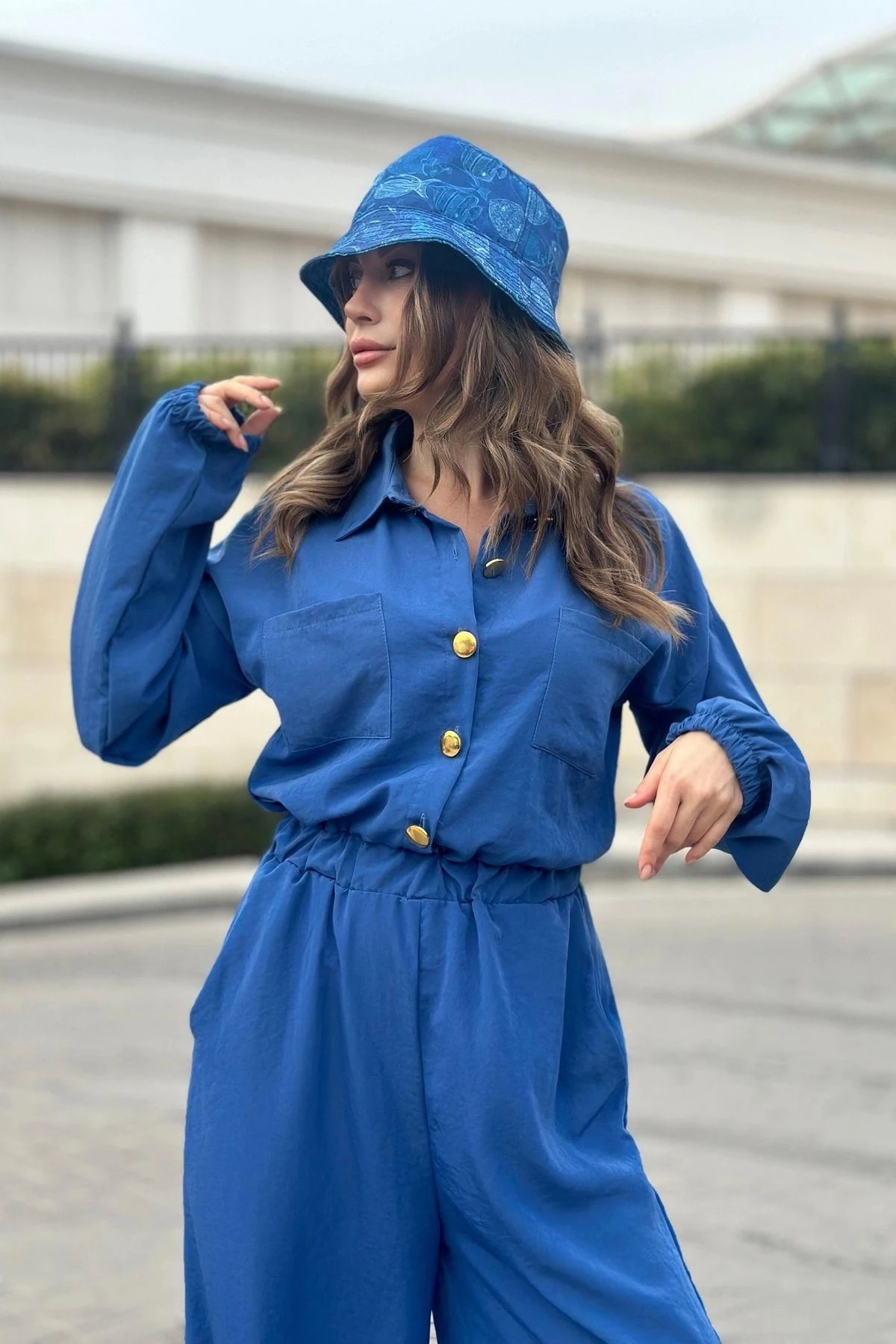 Kadın İndigo Uzun Kol, Gömlek Yaka, Beli Lastikli, 4 Cepli, Bilekleri Lastikli, Salaş Tulum