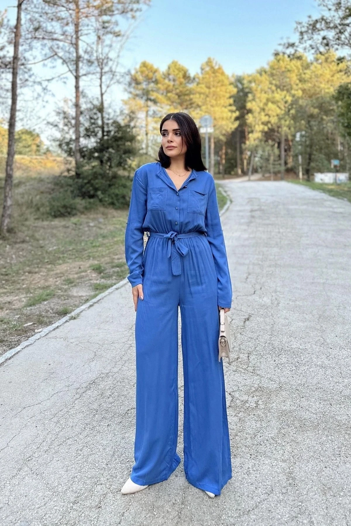 Kadın İndigo Uzun Kol, Yuvarlak Yaka, Beli Lastikli Ve Kemerli, Çift Cepli, Salaş Tulum