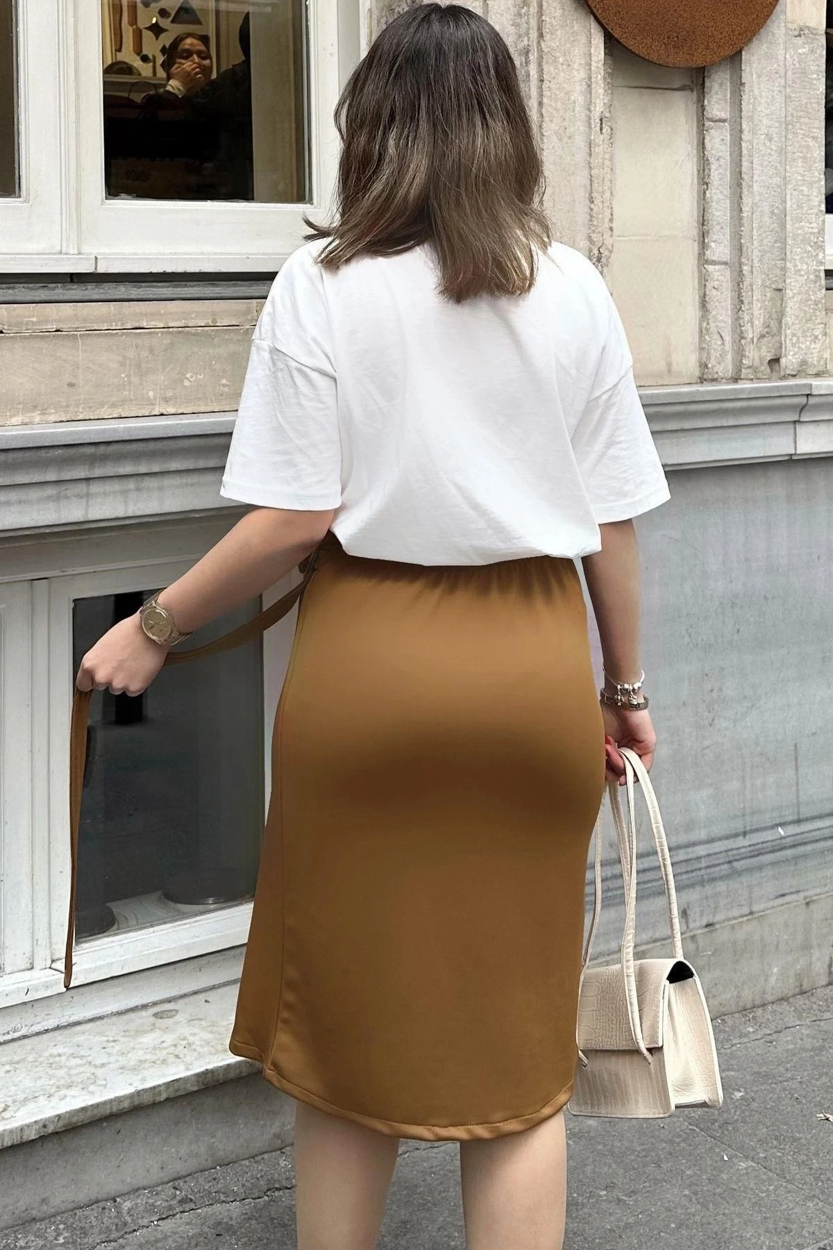 Kadın Kahve Asimetrik Kesim, Toka Ve Yandan Bağlama Detaylı, Scuba Etek