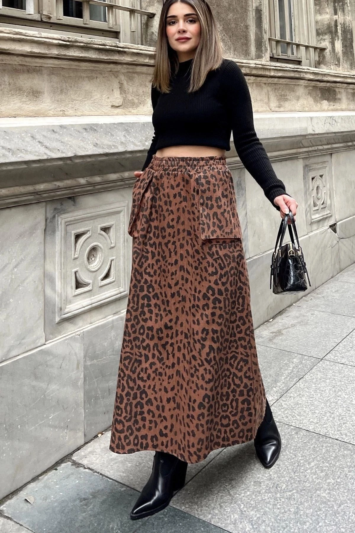 Kadın kahve Beli Lastikli, Kargo Cepli, Rahat, Uzun Gabardin Kiloş Etek