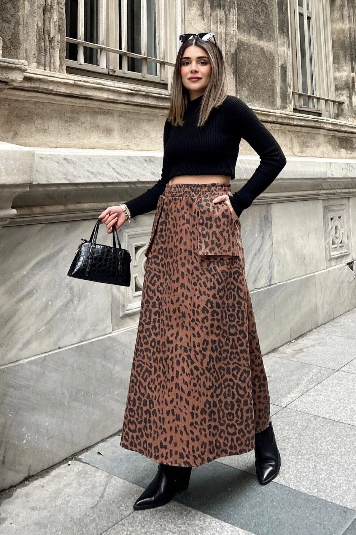 Kadın kahve Beli Lastikli, Kargo Cepli, Rahat, Uzun Gabardin Kiloş Etek