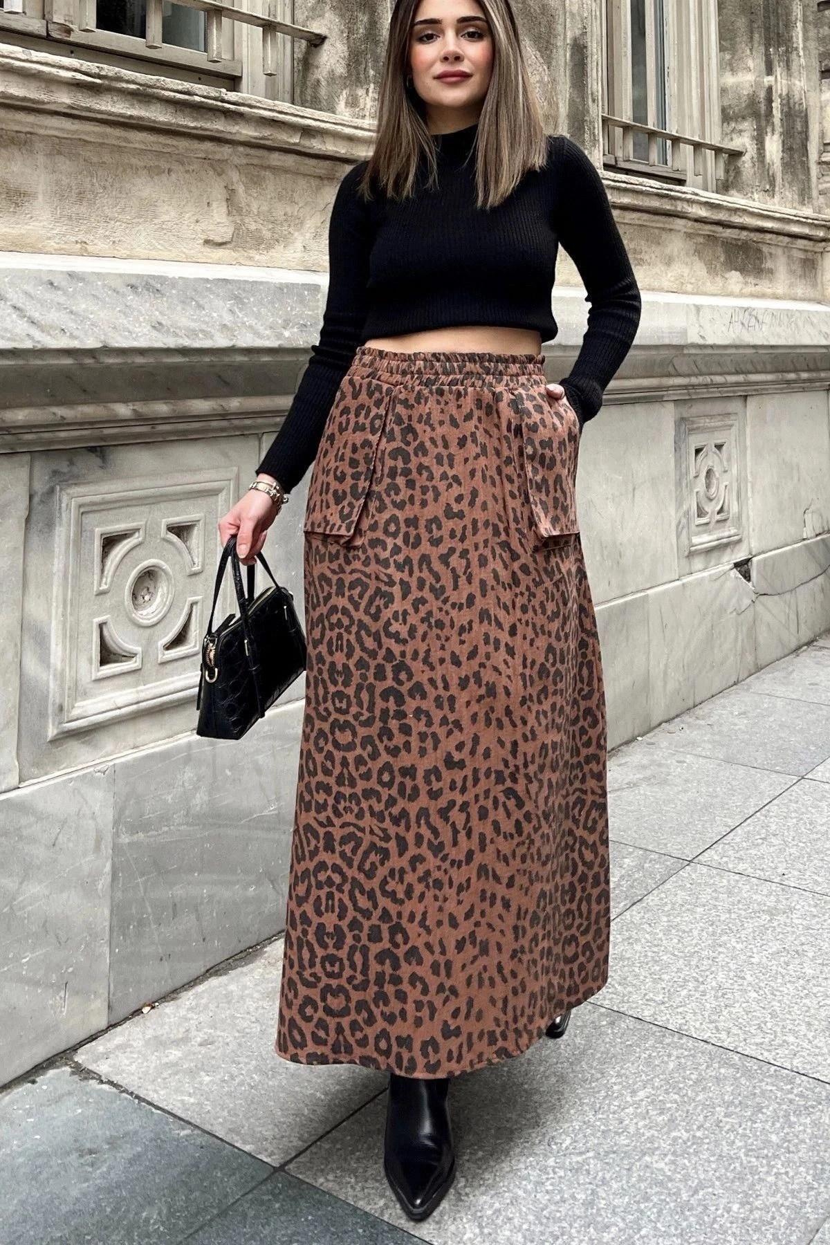 Kadın kahve Beli Lastikli, Kargo Cepli, Rahat, Uzun Gabardin Kiloş Etek