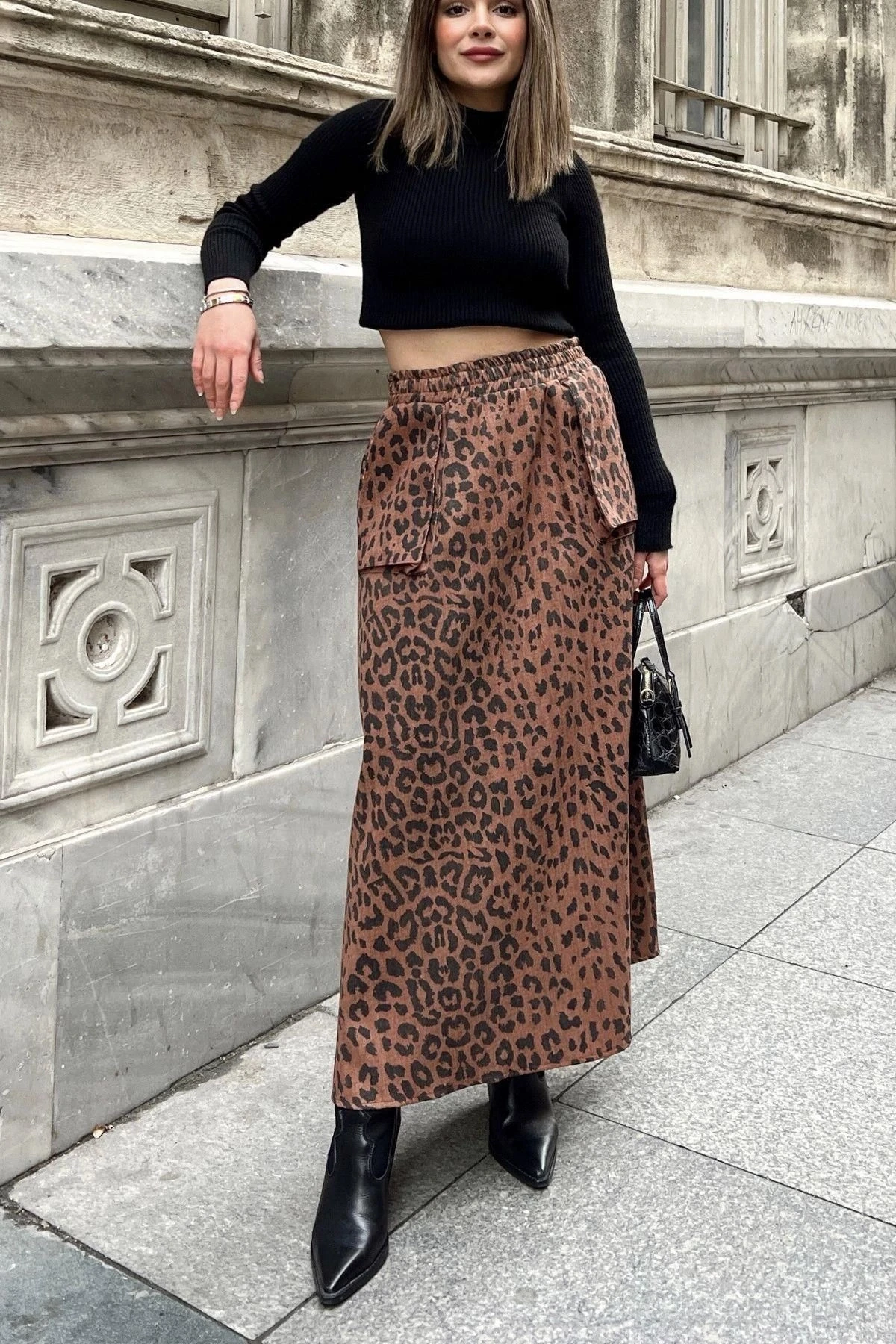 Kadın kahve Beli Lastikli, Kargo Cepli, Rahat, Uzun Gabardin Kiloş Etek