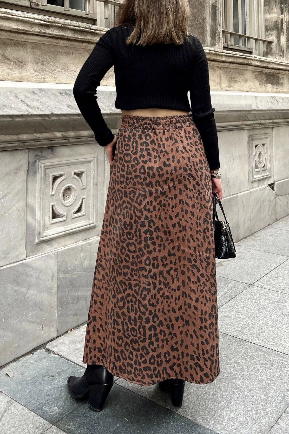 Kadın kahve Beli Lastikli, Kargo Cepli, Rahat, Uzun Gabardin Kiloş Etek