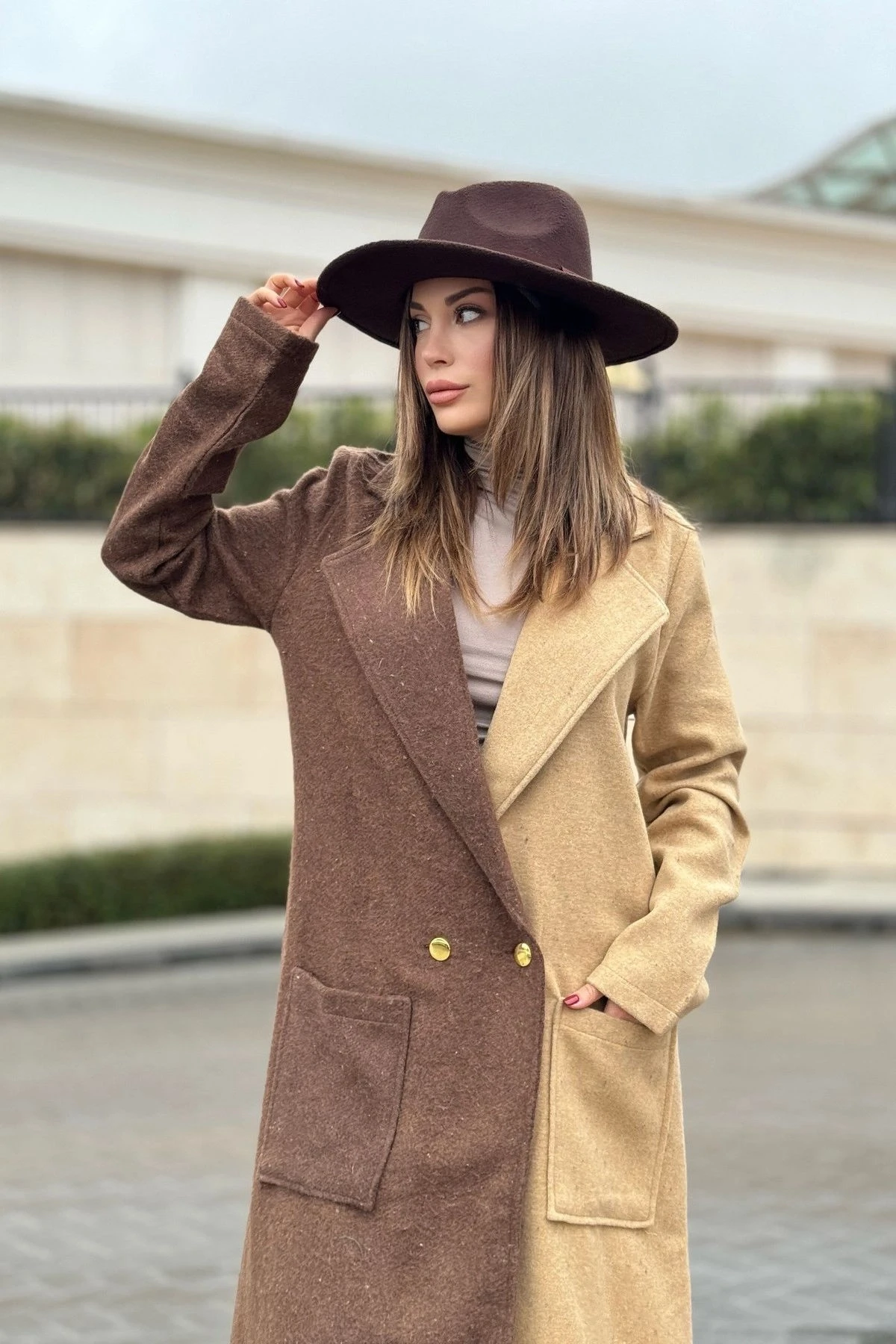 Kadın Kahve & Camel Color Block, Çift Kese Cep, Gold Düğme Detaylı Uzun Kaşe Kaban (Astarsız)
