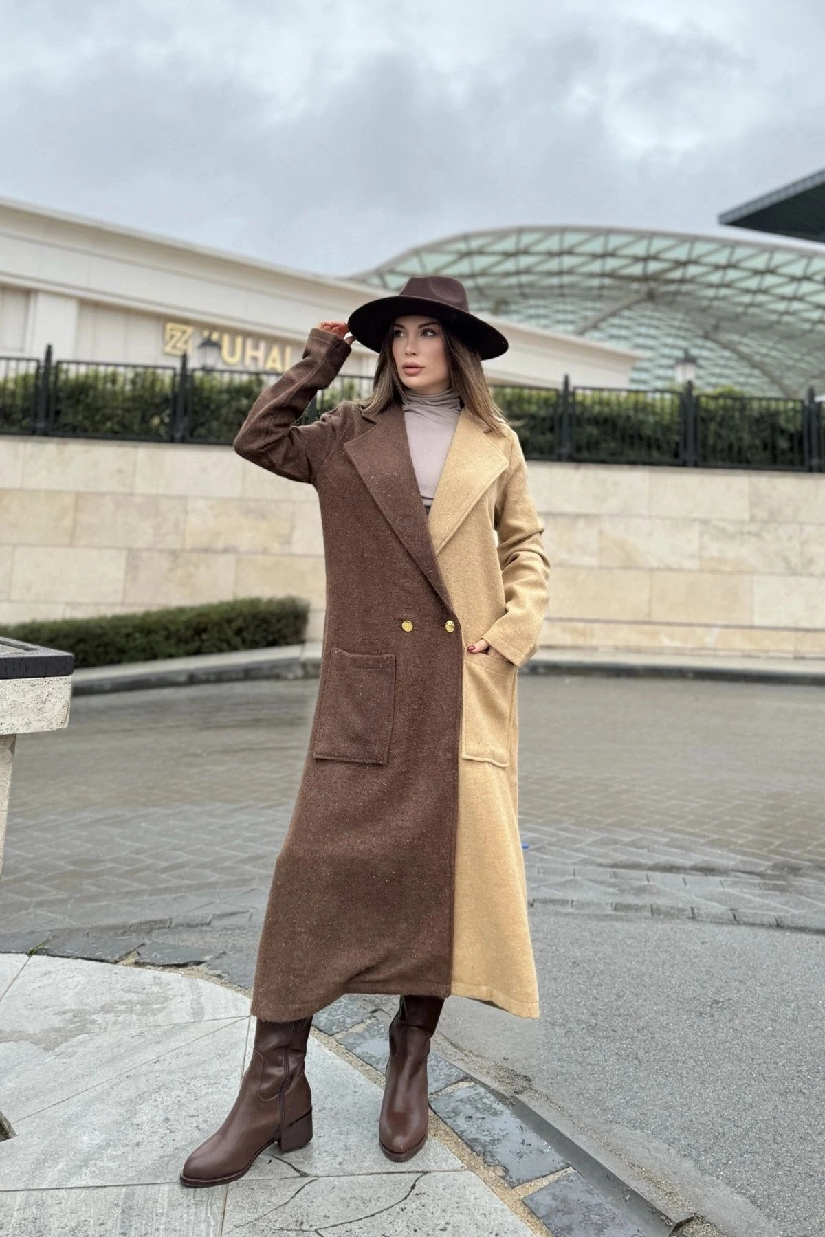 Kadın Kahve & Camel Color Block, Çift Kese Cep, Gold Düğme Detaylı Uzun Kaşe Kaban (Astarsız)