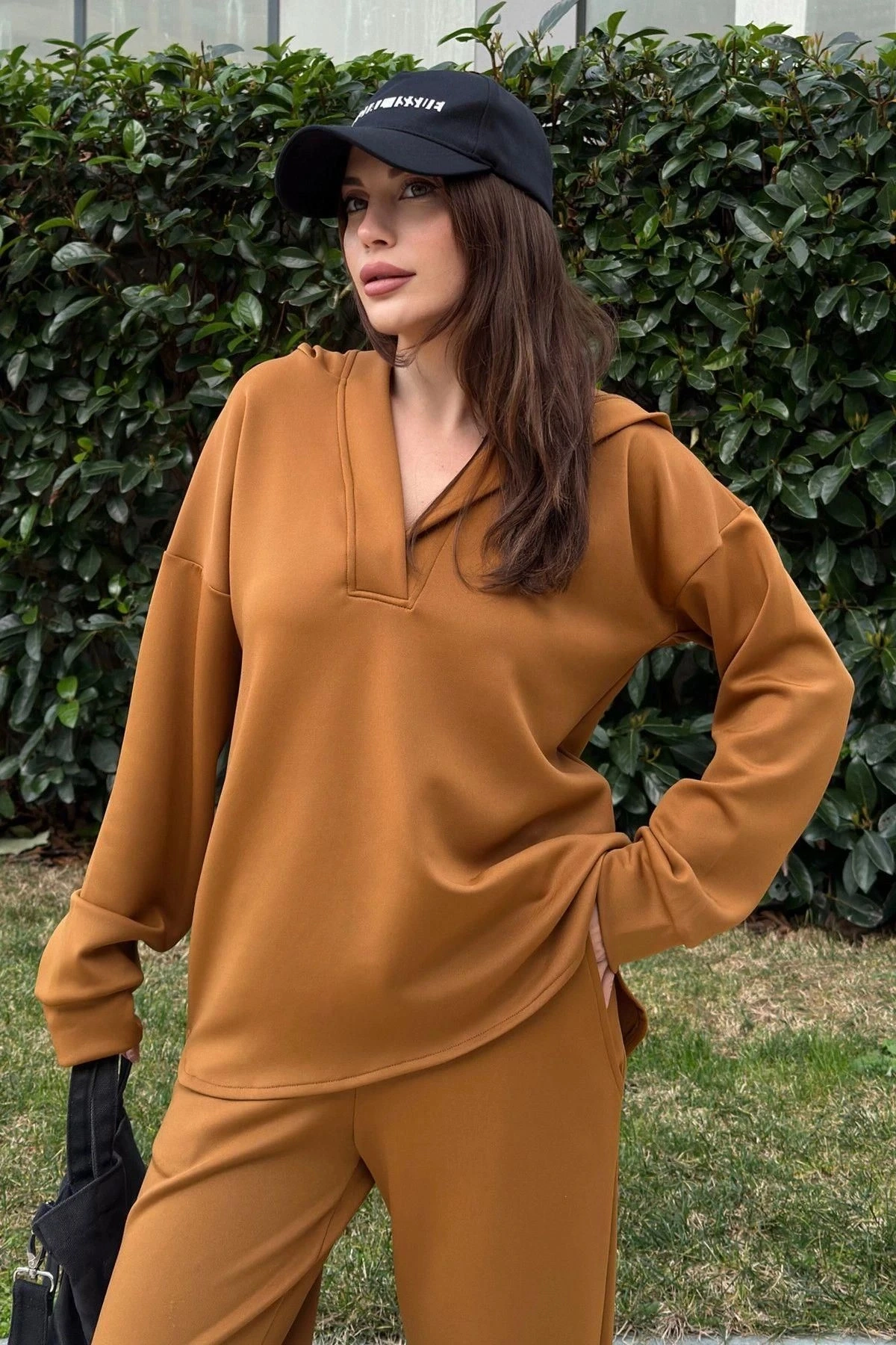 Kadın Kahve Scuba Kumaş, Salaş Kesim, Kapüşonlu Sweatshirt Bluz