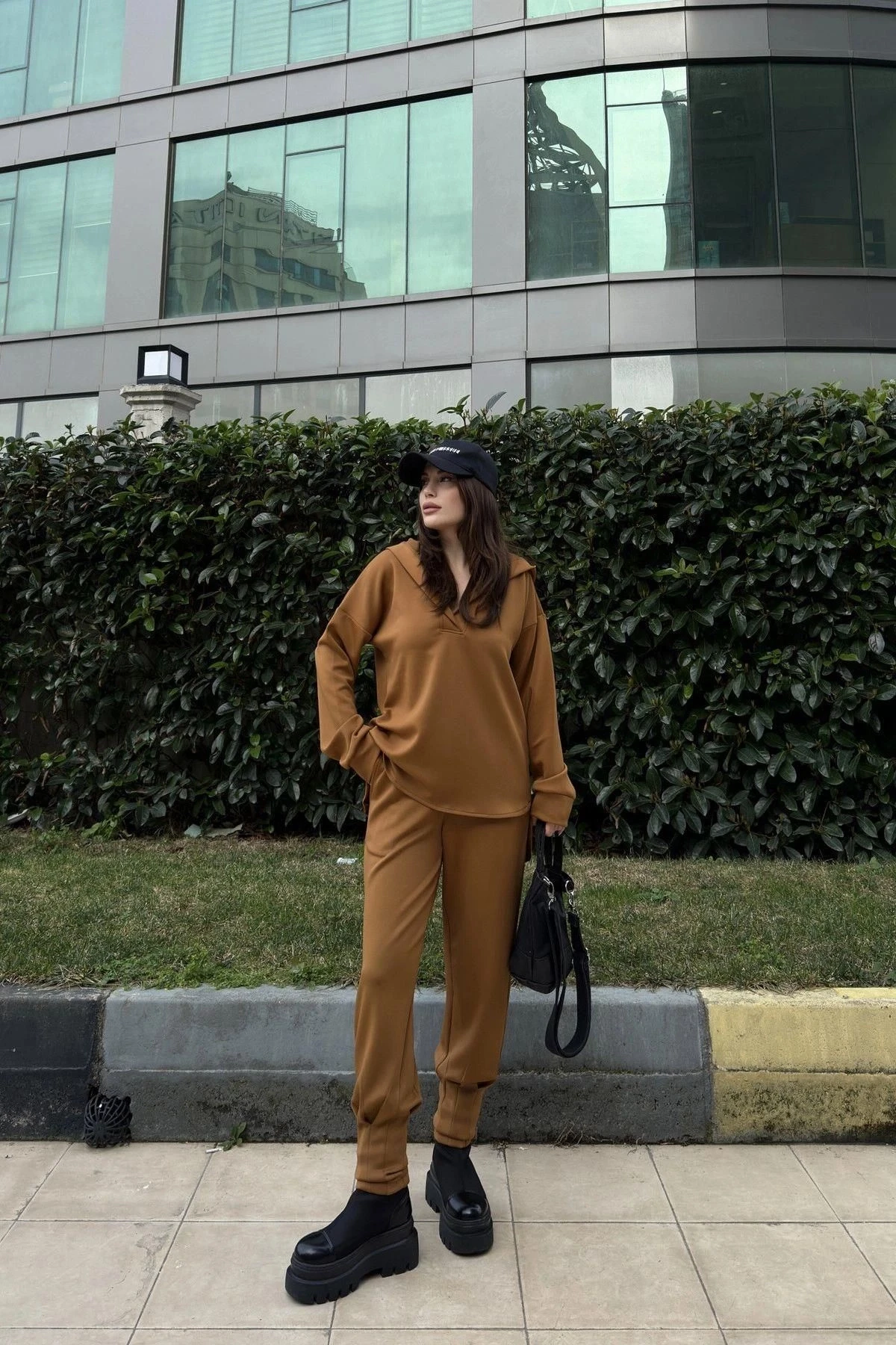 Kadın Kahve Scuba Kumaş, Salaş Kesim, Kapüşonlu Sweatshirt Bluz