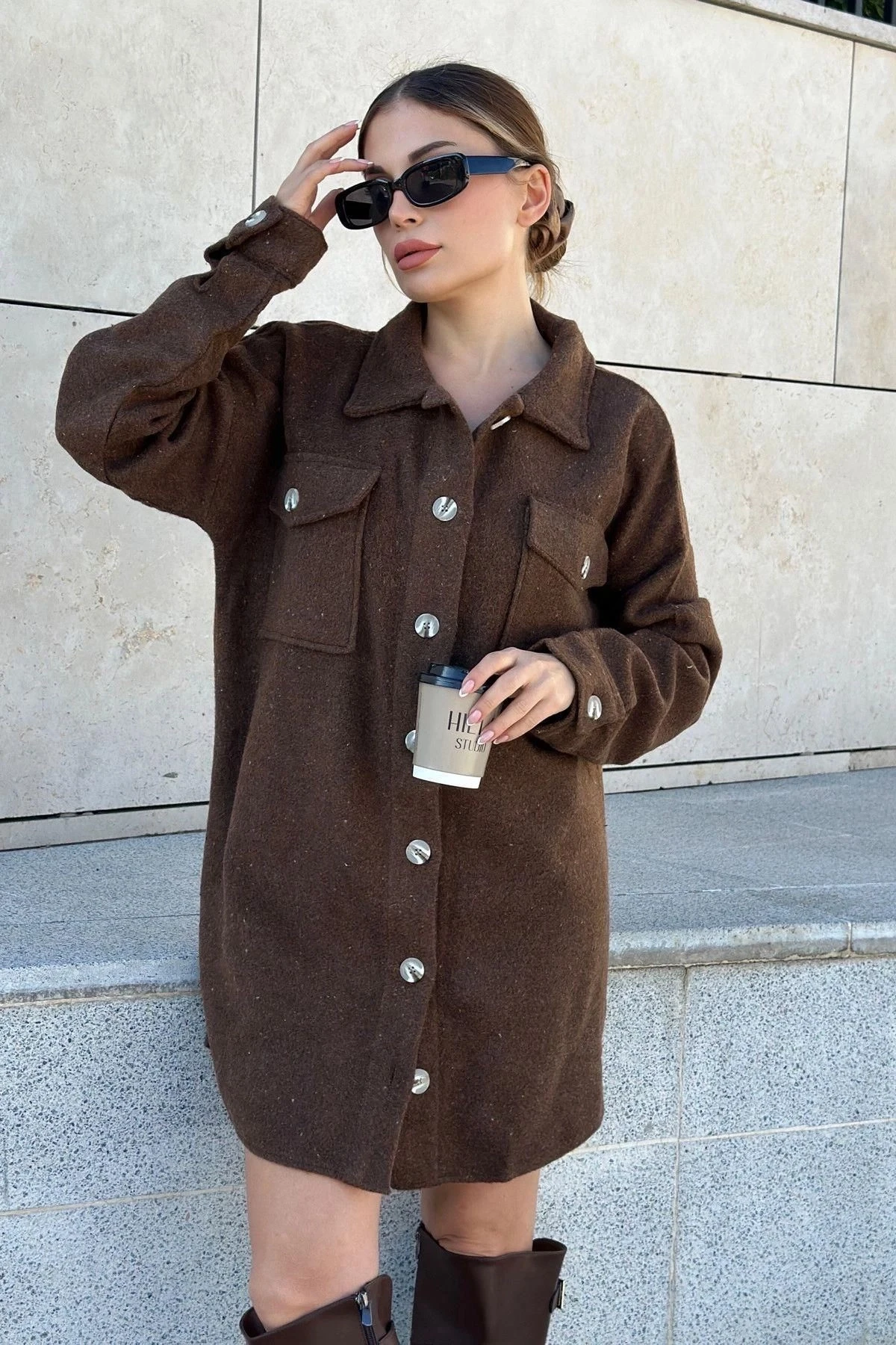 Kadın Kahve Uzun Kol, Çift Cepli, Eteği Oval Kesim, Kaşe Gömlek Elbise