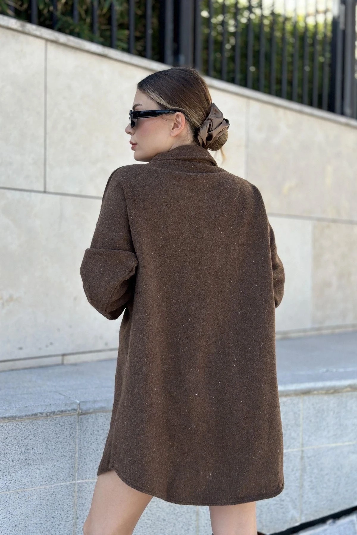 Kadın Kahve Uzun Kol, Çift Cepli, Eteği Oval Kesim, Kaşe Gömlek Elbise