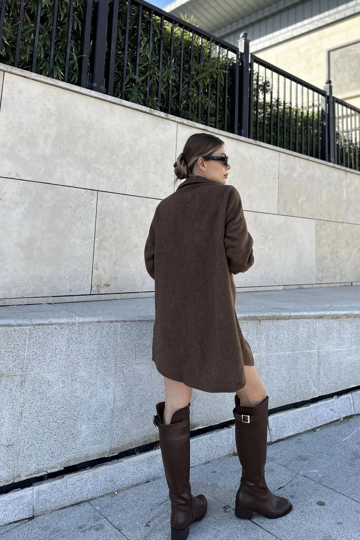 Kadın Kahve Uzun Kol, Çift Cepli, Eteği Oval Kesim, Kaşe Gömlek Elbise