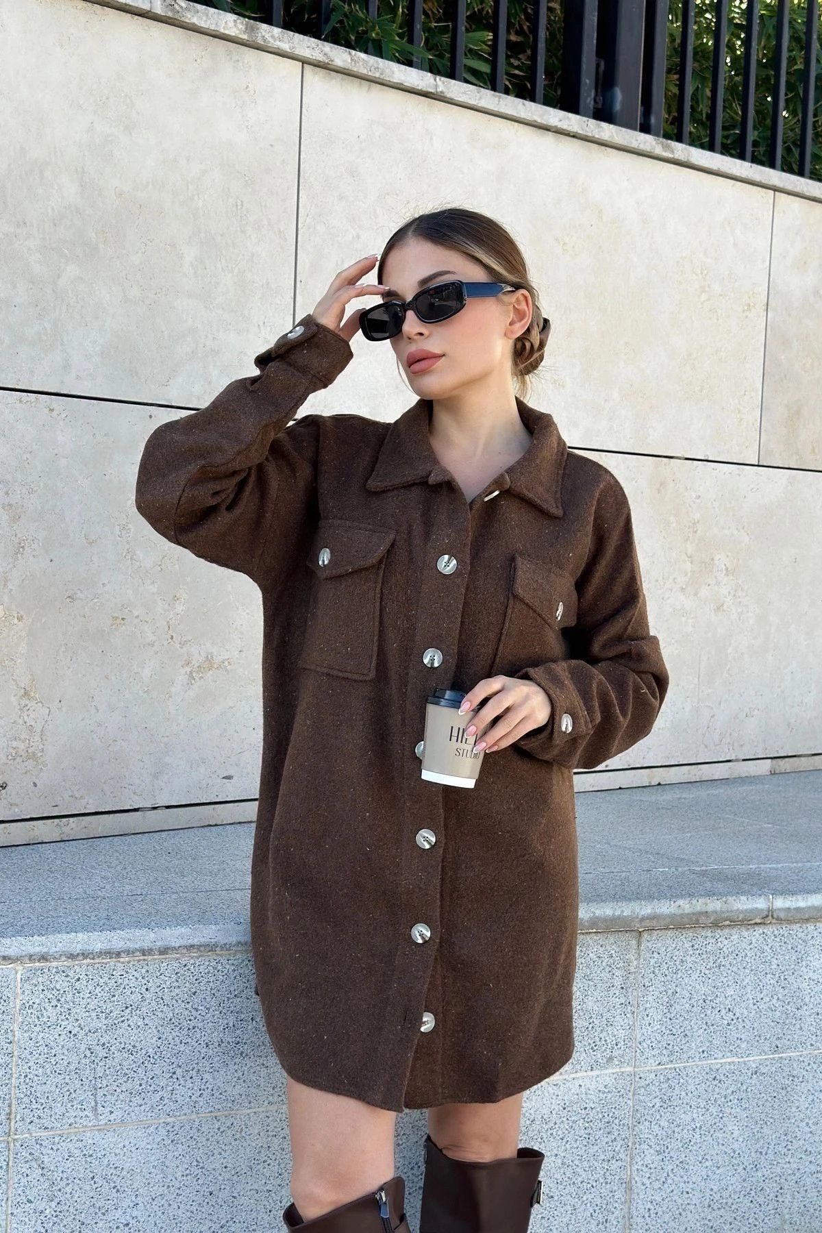 Kadın Kahve Uzun Kol, Çift Cepli, Eteği Oval Kesim, Kaşe Gömlek Elbise