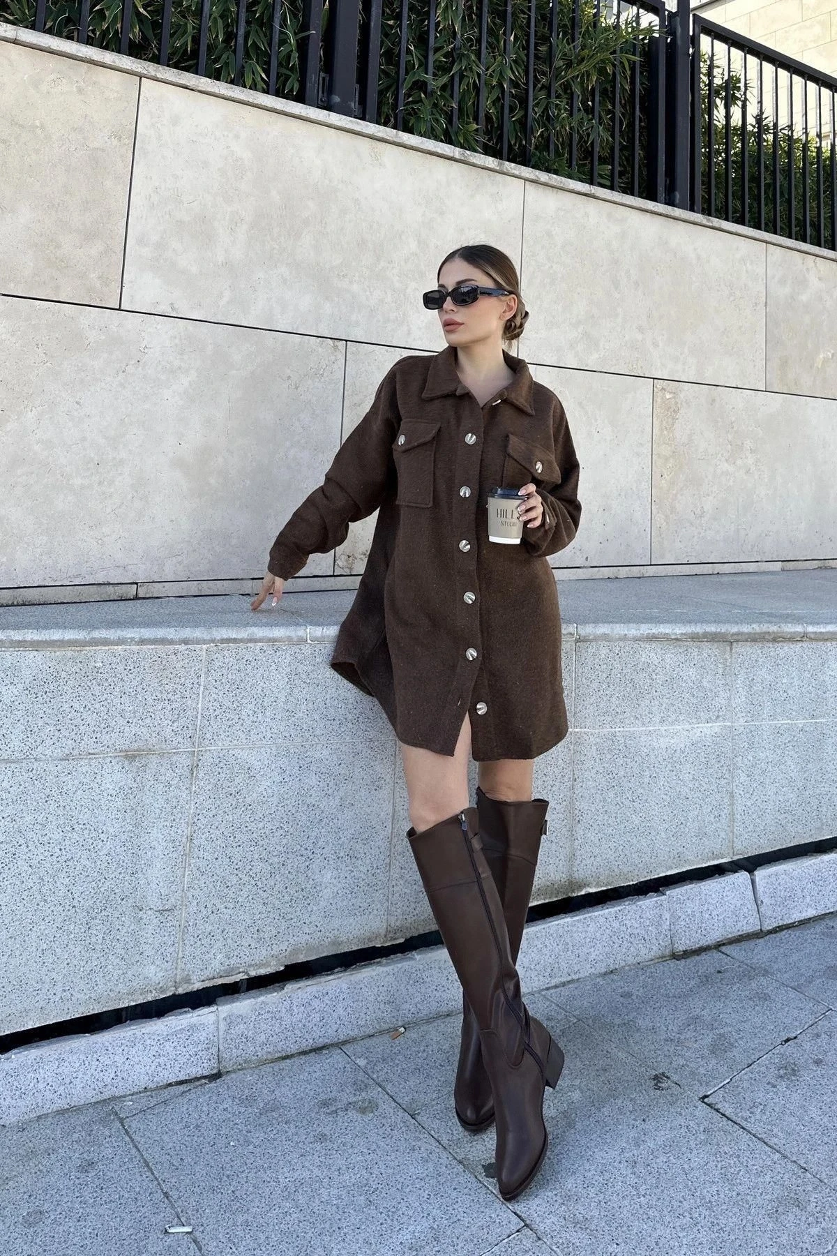 Kadın Kahve Uzun Kol, Çift Cepli, Eteği Oval Kesim, Kaşe Gömlek Elbise