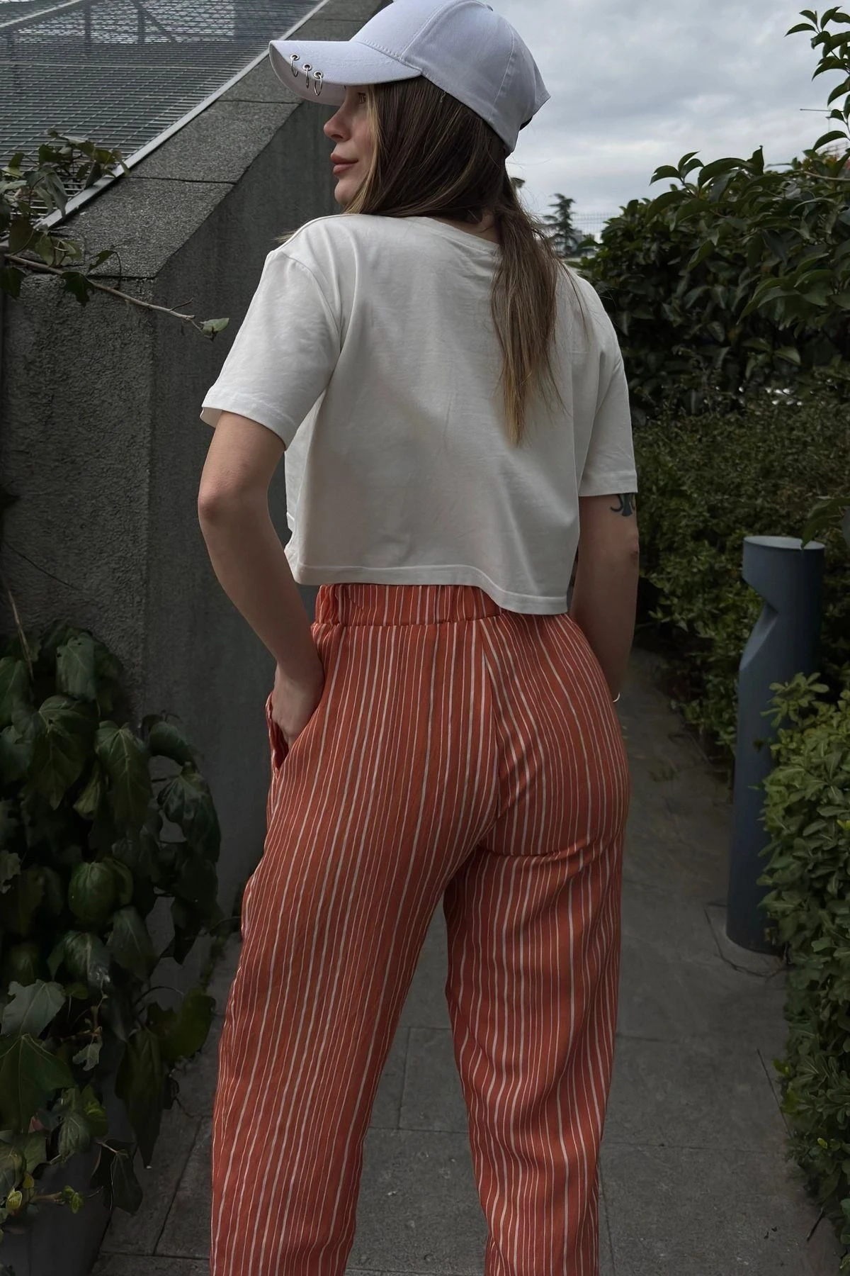 Kadın Kiremit Çizgili, Beli Lastikli, Cepli, Salaş Spor Pantolon